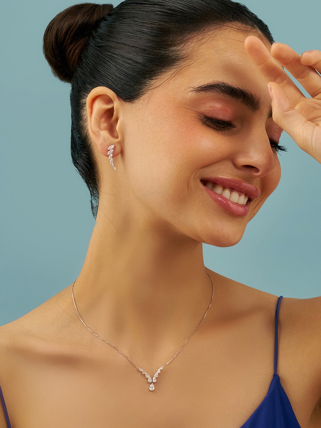 

Kushal's Fashion Jewellery Silver Rhodium-Plated CZ Studded Jewellery Set