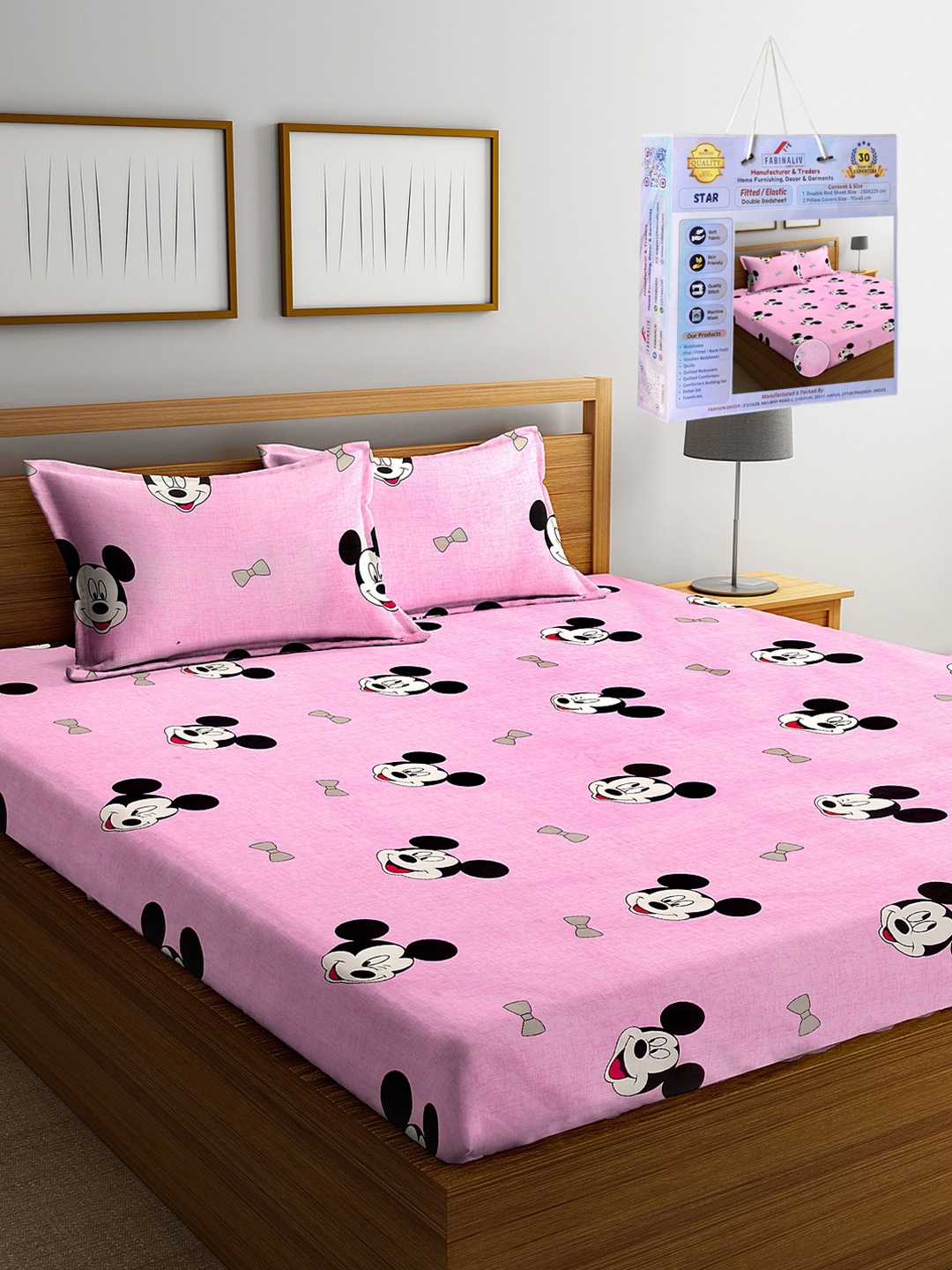 

FABINALIV Pink Cartoon Characters 300 TC King Bedsheet & 2 Pillow Covers 2.50 m x 2.25 m