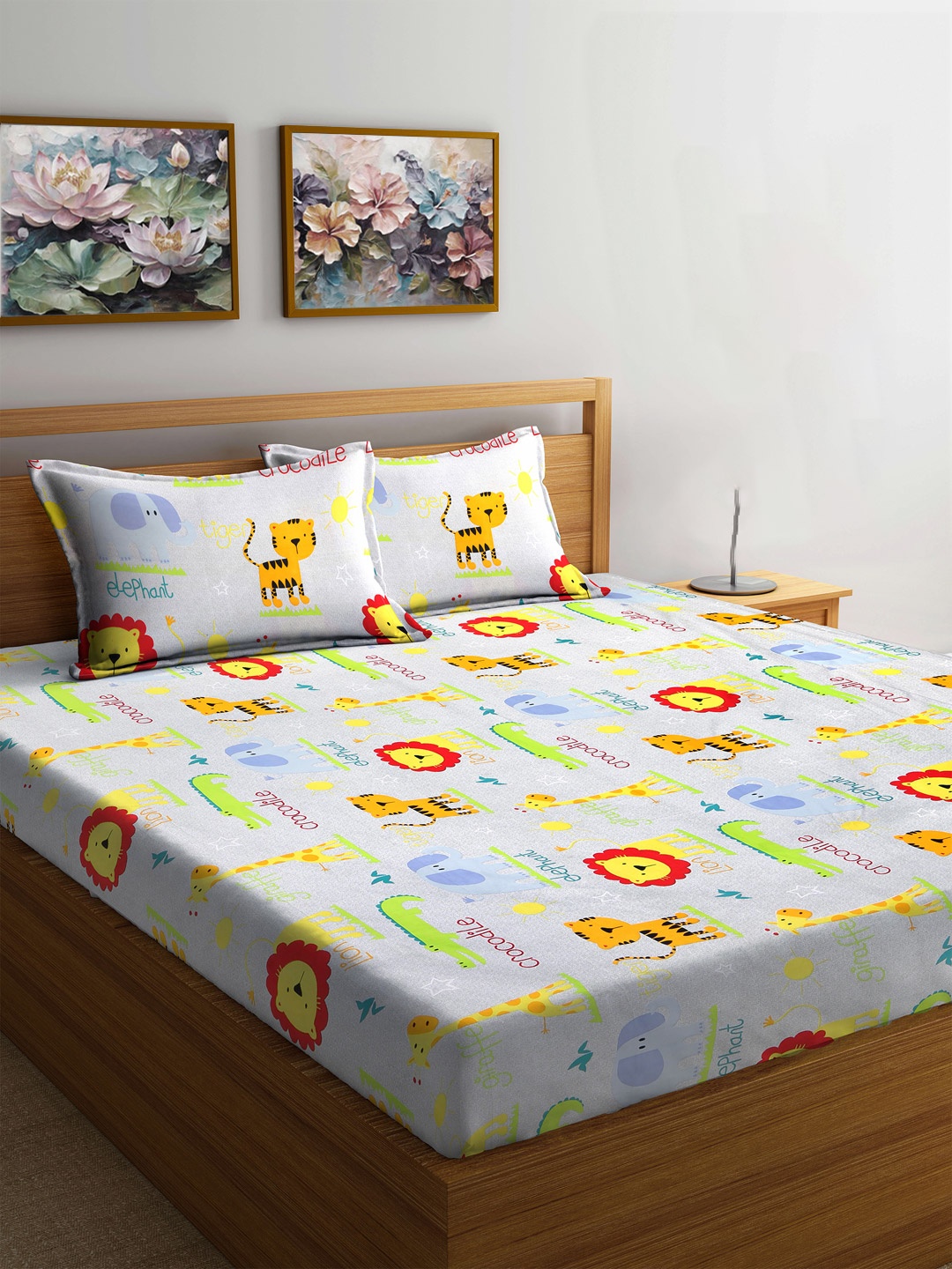 

FABINALIV White & Green Cartoon Characters 300 TC Fitted King Bedsheet Set 2.50m X 2.25m