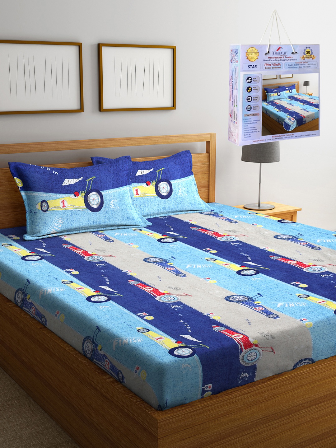

FABINALIV Blue & Grey Graphic Printed 300 TC King Bedsheet Set-2.50 m X 2.25 m