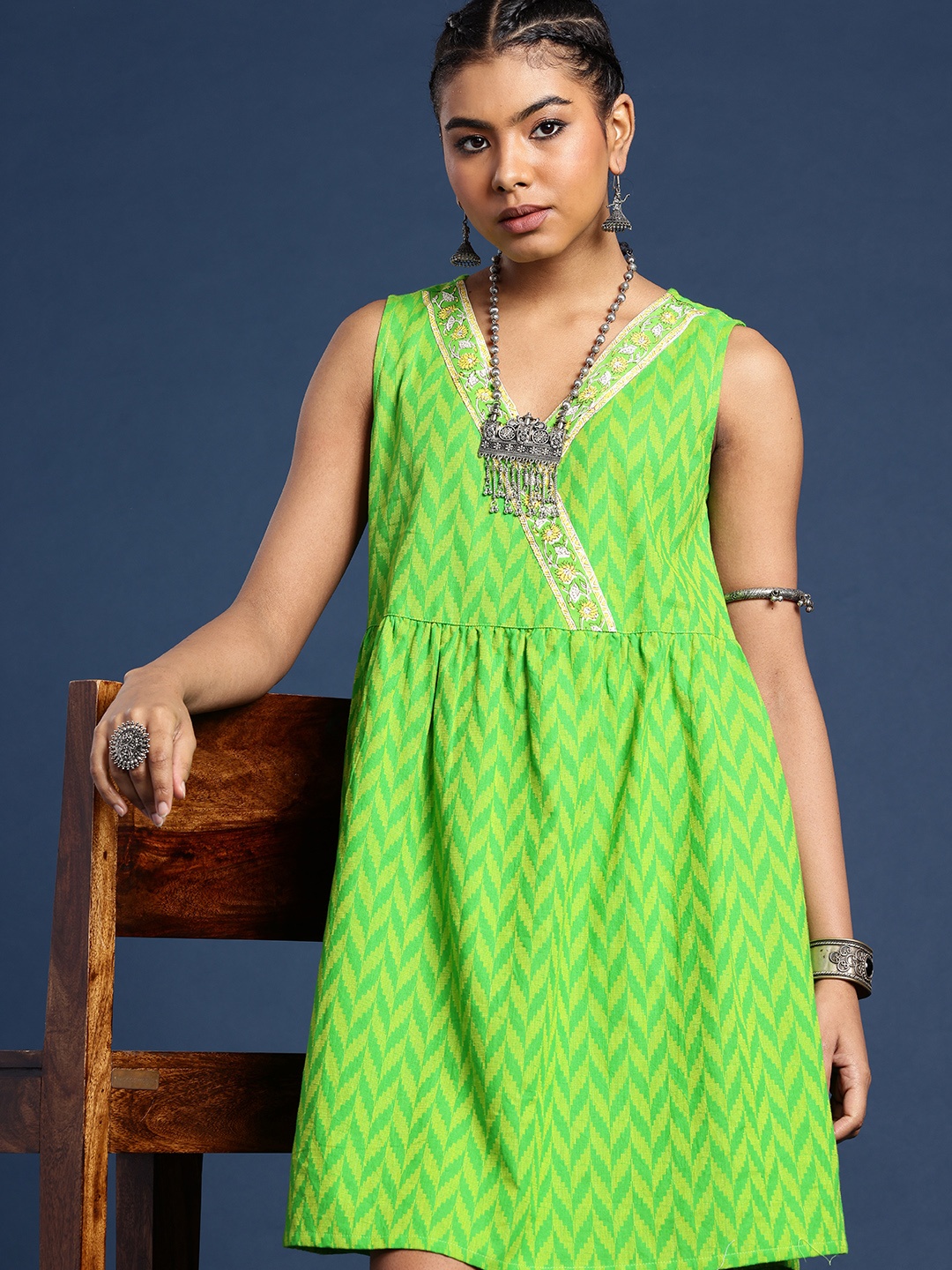 

Taavi Printed Pure Cotton Fit & Flare Dress, Green