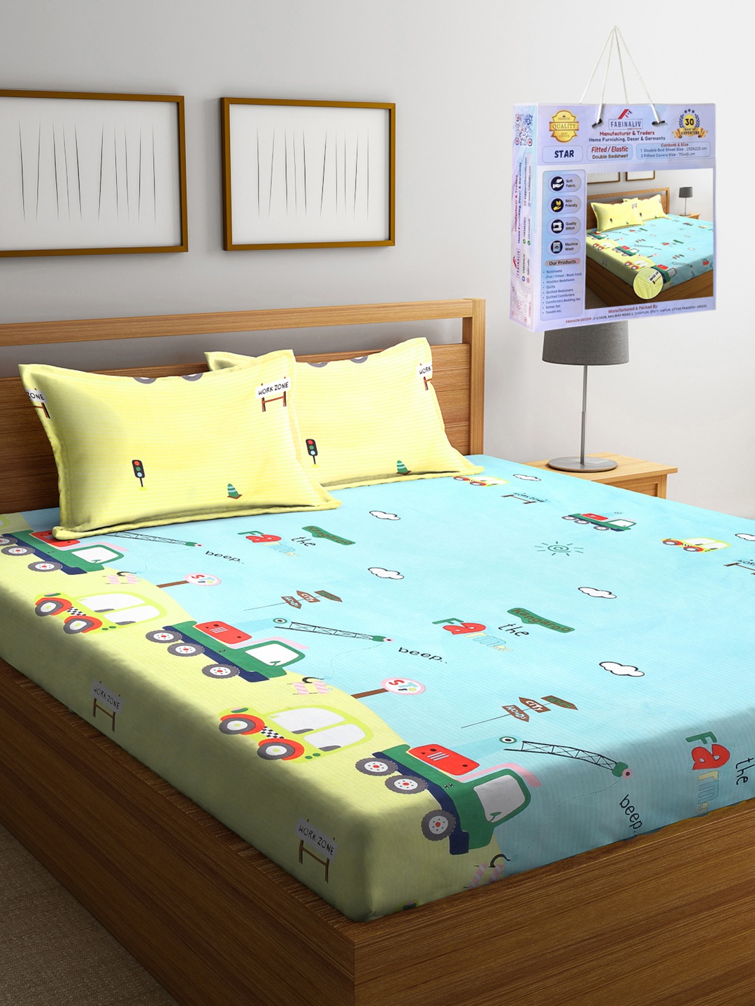 

FABINALIV Yellow & Blue Cartoon Characters 300 TC Fitted King Bedsheet Set 2.50m X 2.25m