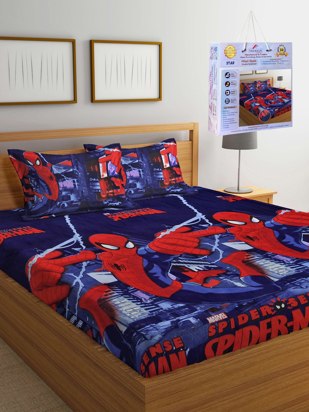 

FABINALIV Blue & Red Cartoon Characters 300 TC Fitted King Bedsheet Set 2.50m X 2.25m