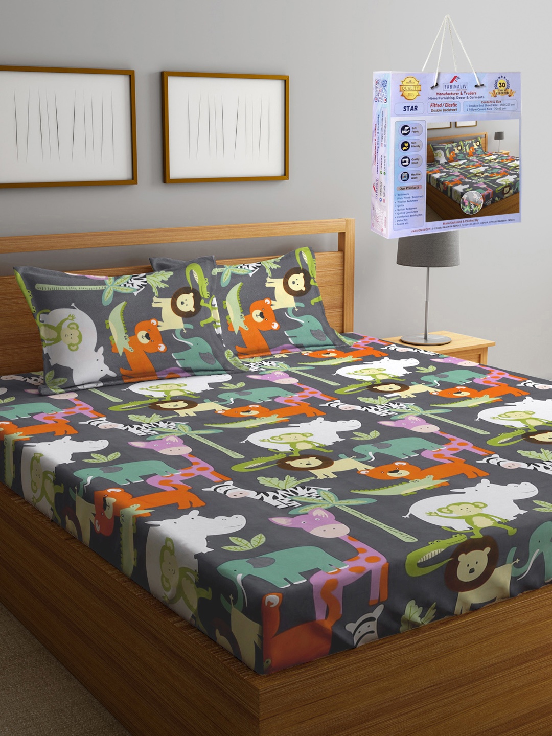 

FABINALIV Grey & Orange Cartoon Characters 300 TC Fitted King Bedsheet Set 2.50m X 2.25m