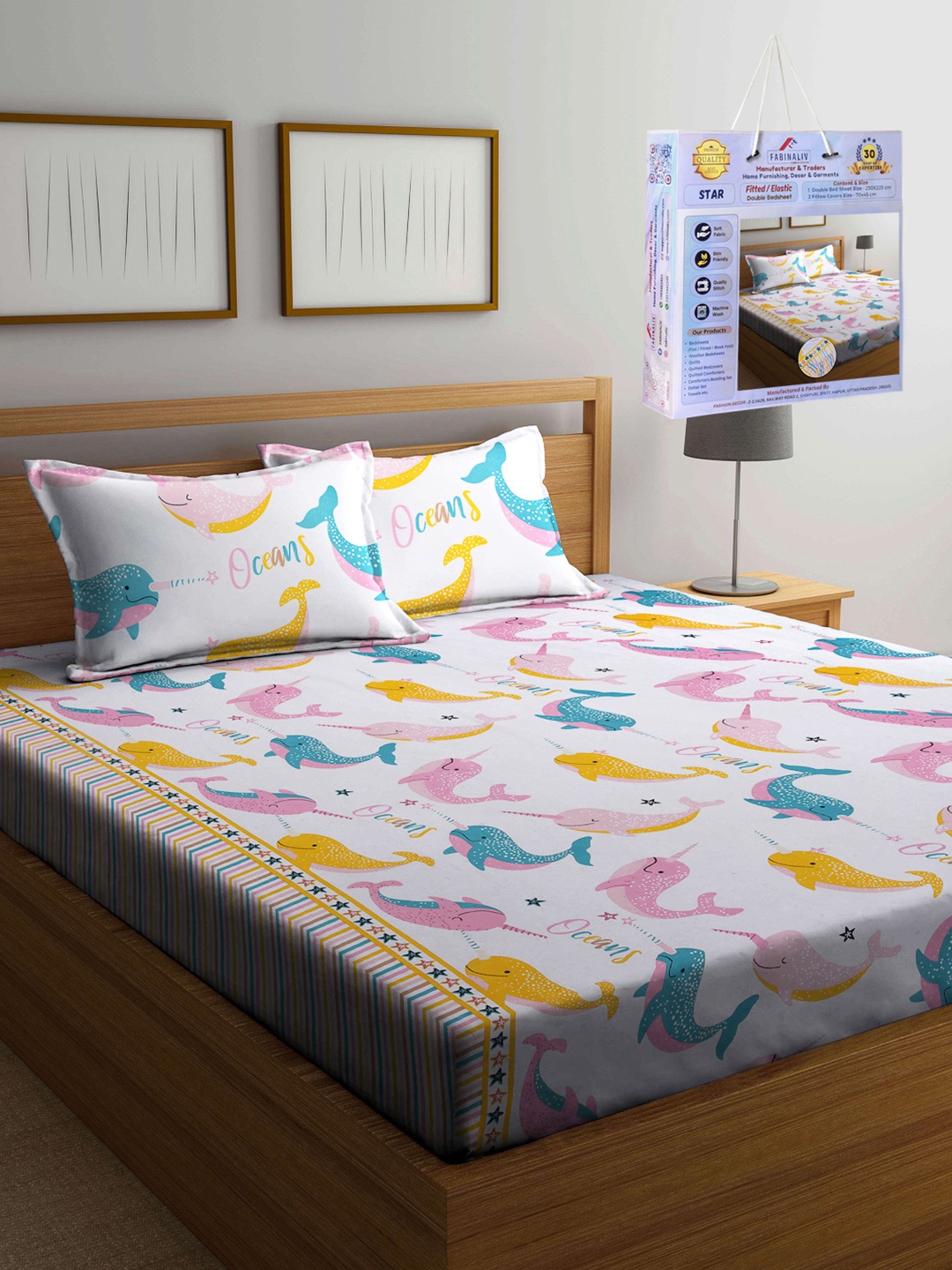 

FABINALIV Pink & Blue Cartoon Characters 300 TC Fitted King Bedsheet Set 2.50m X 2.25m