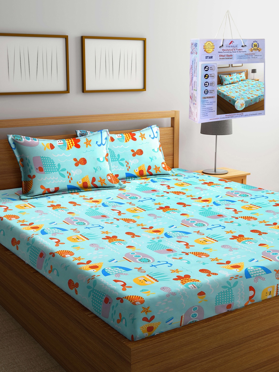 

FABINALIV Blue & Orange Cartoon Characters 300 TC King Bedsheet Set 2.50 m x 2.25 m