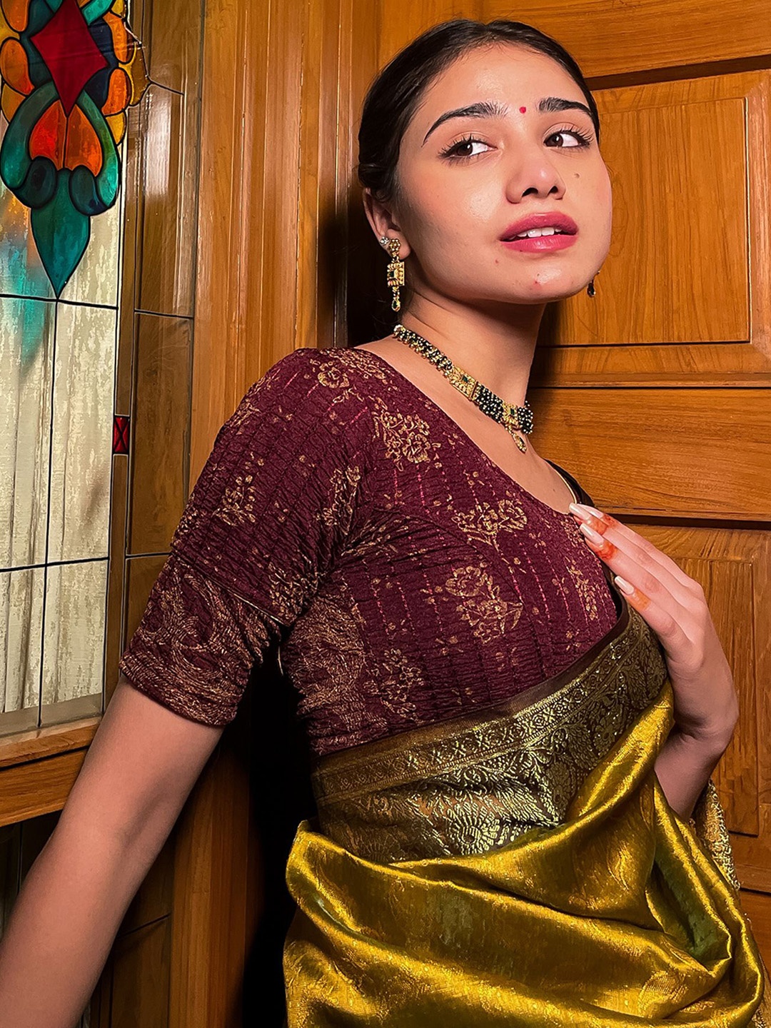 

Bindigasm's Advi Printed Round Neck Stretchable Saree Blouse, Burgundy