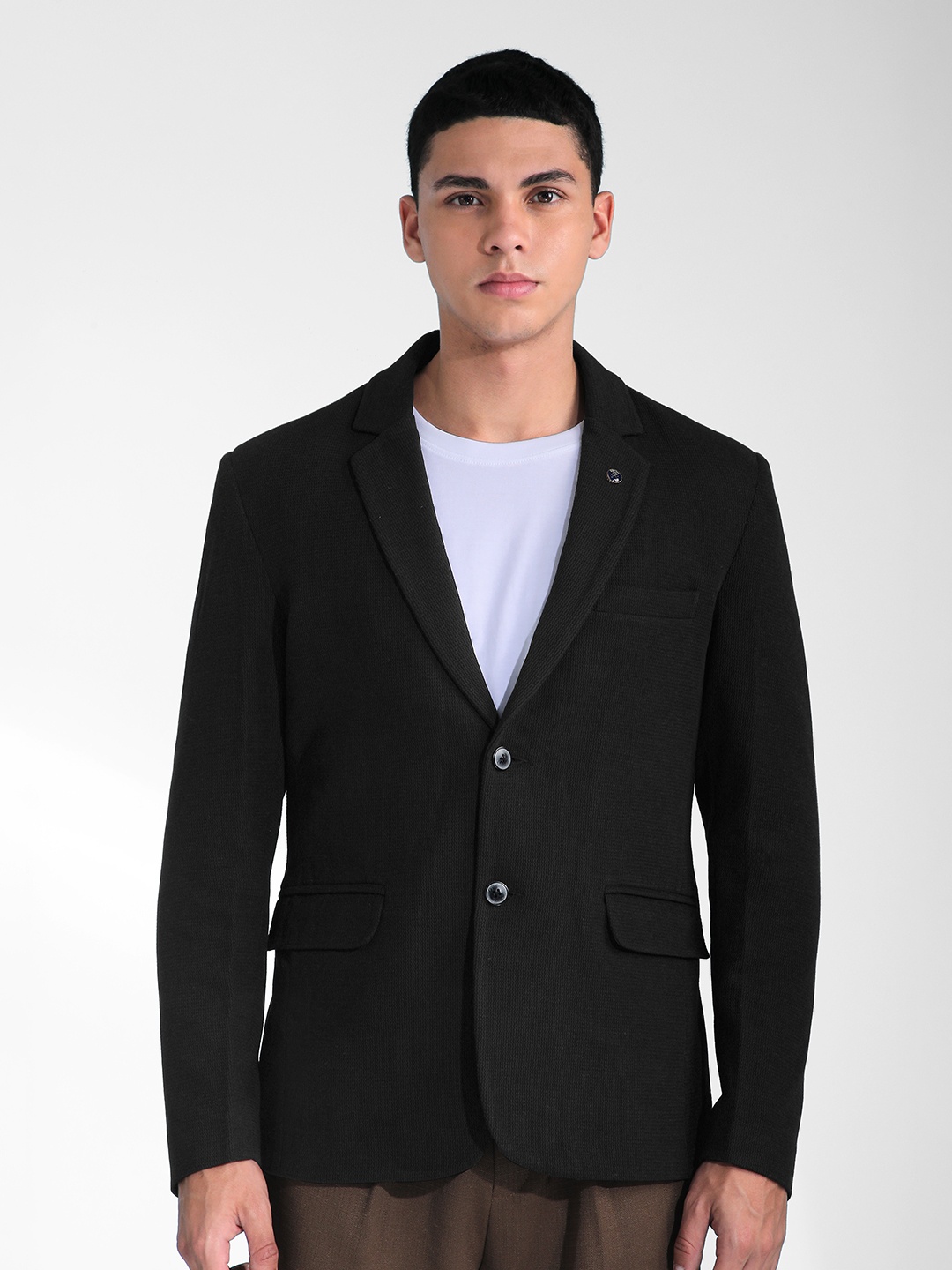 

Beyoung Men Woollen Tailored Jacket with Patchwork, Black