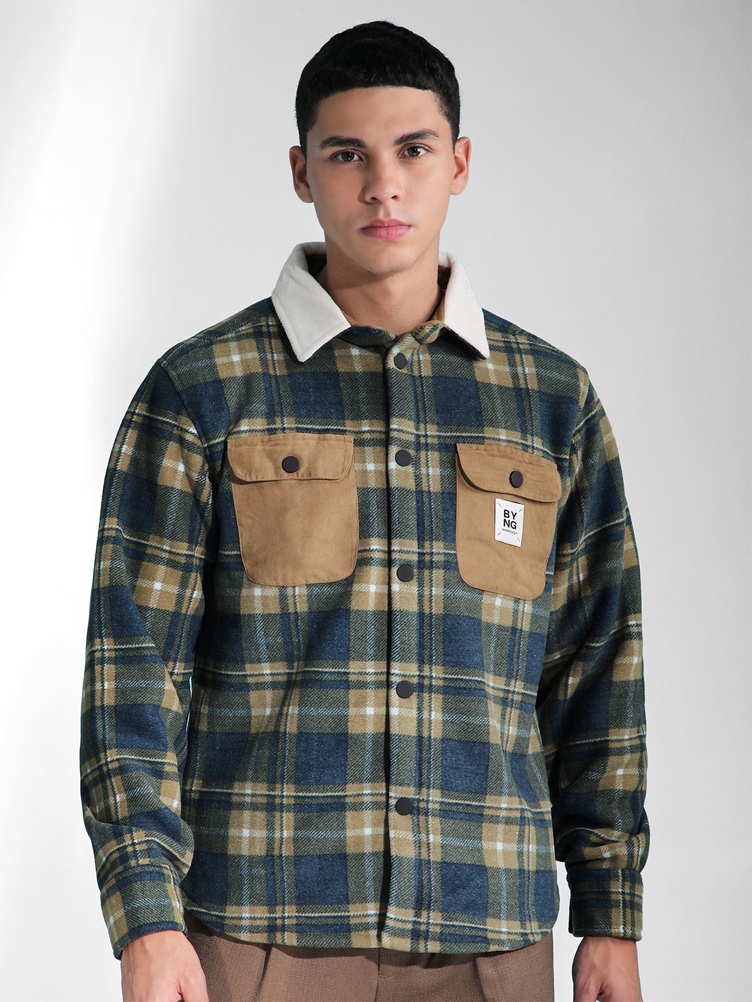 

Beyoung Men Woollen Bomber with Patchwork Jacket, Blue
