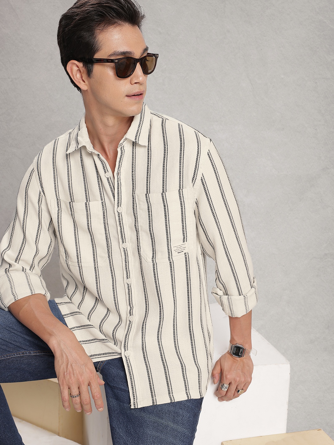 

WROGN Drop-Shoulder Sleeves Comfort Fit Striped Knitted Casual Shirt, Off white