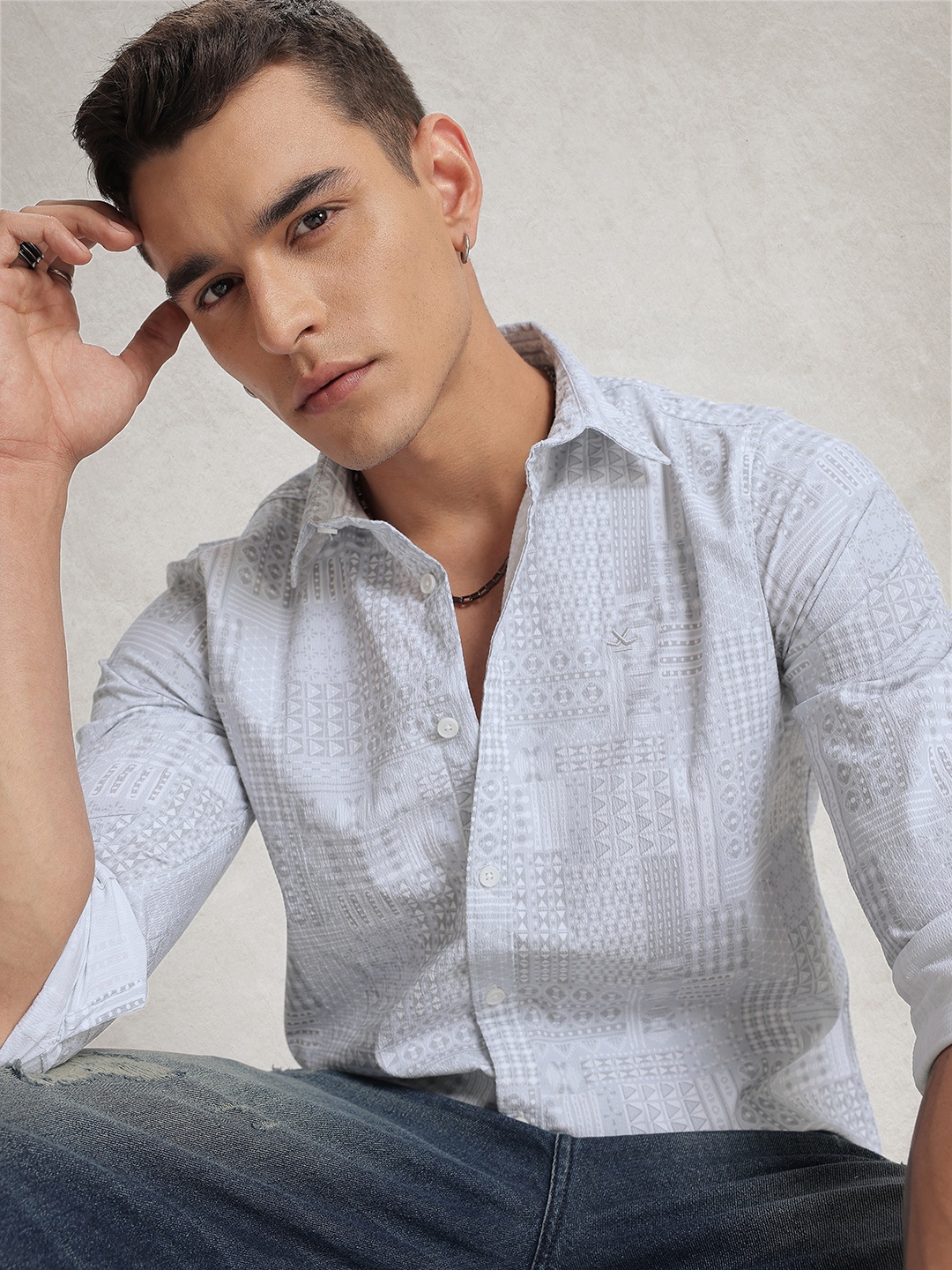 

WROGN Opaque Geometric Printed Casual Shirt, Grey