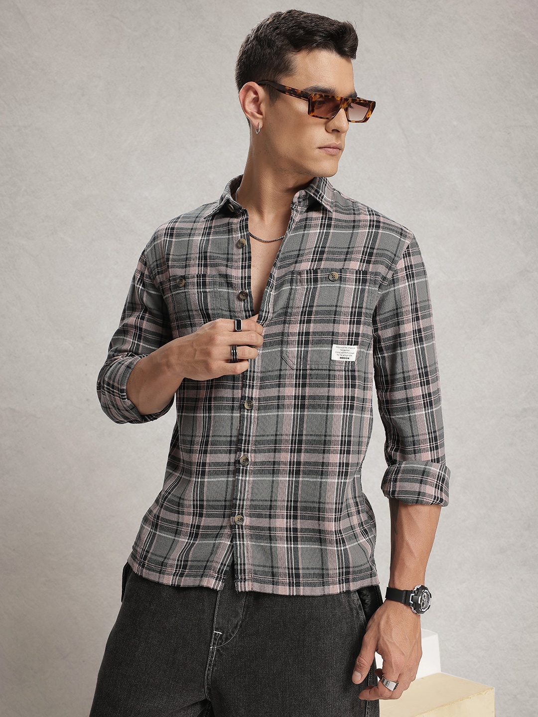 

WROGN Comfort Fit Tartan Checks Pure Cotton Casual Shirt, Grey
