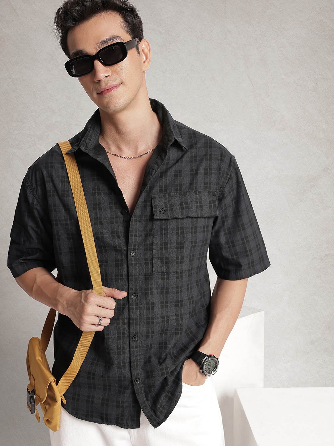 

WROGN Pure Cotton Relaxed Fit Checked Casual Shirt, Black