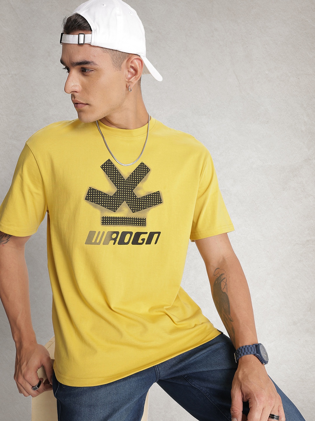 

WROGN Oversized Fit Graphic Printed Pure Cotton T-shirt, Yellow