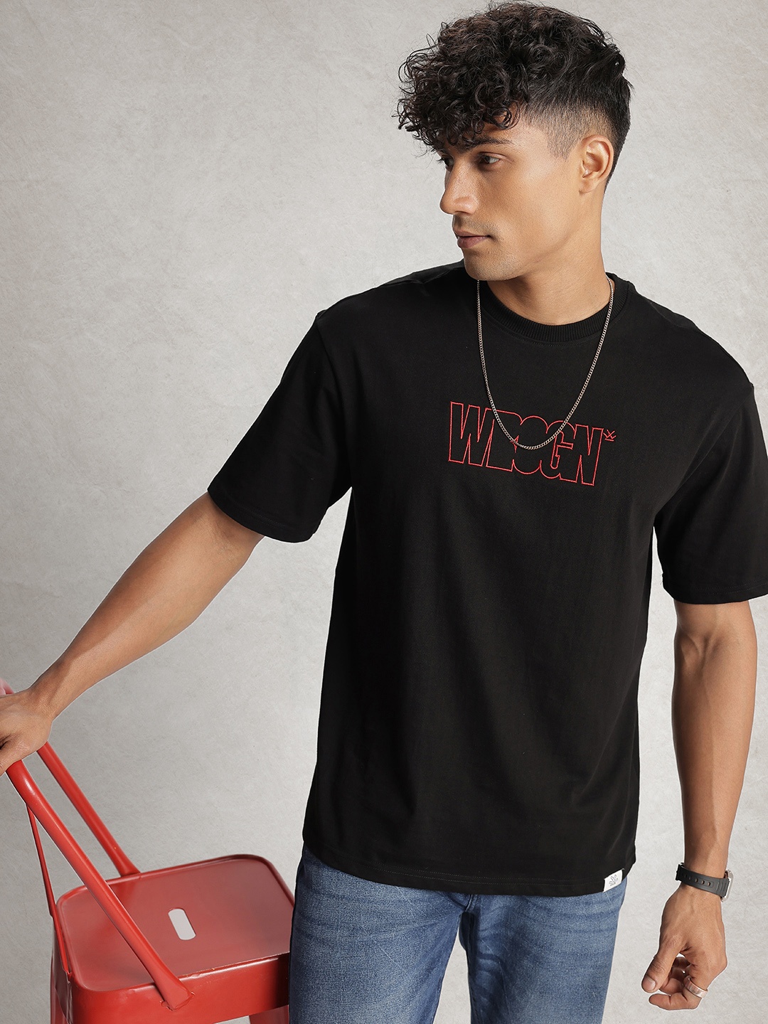 

WROGN Oversized Fit Brand Logo Printed Pure Cotton T-shirt, Black