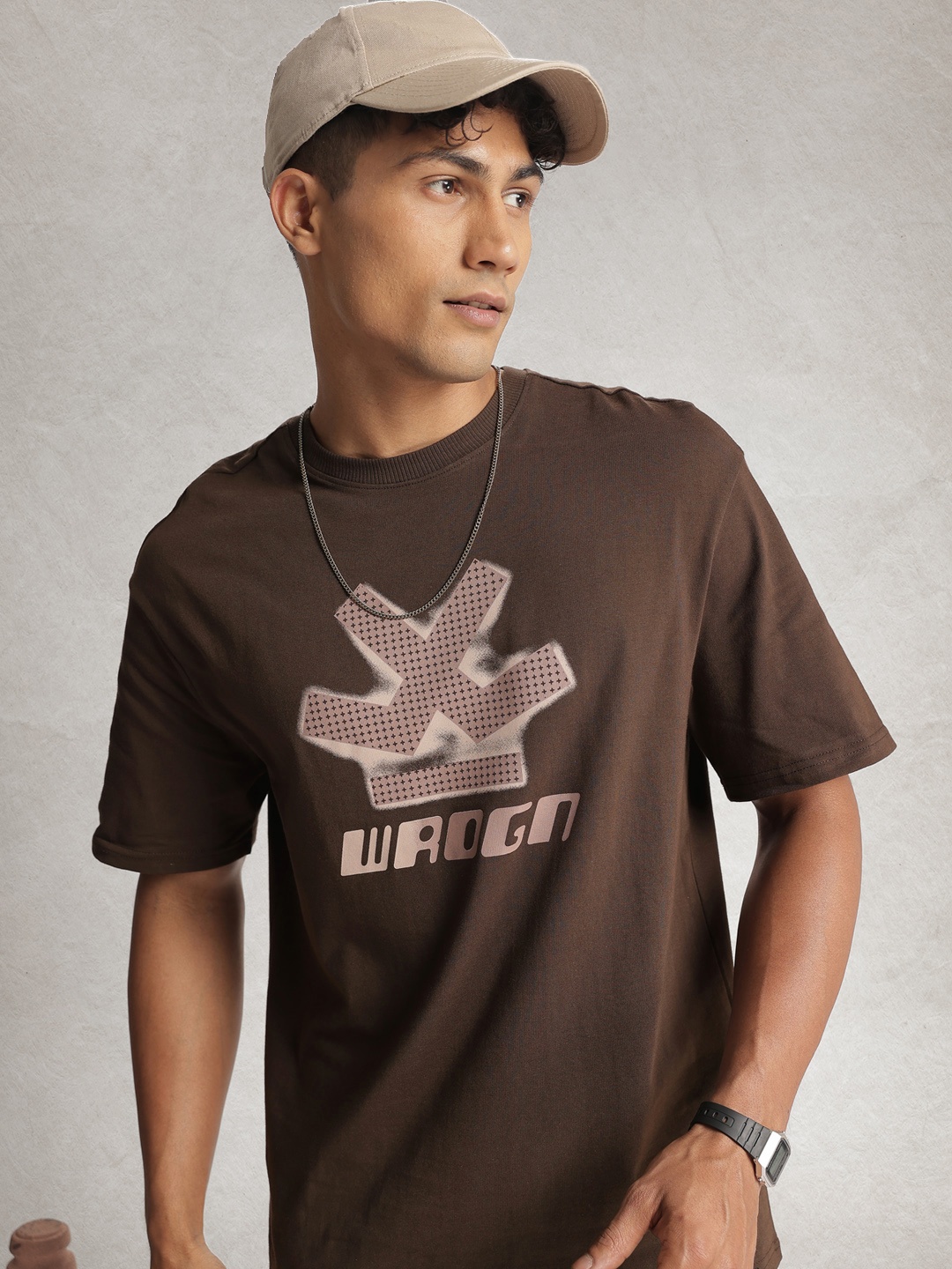 

WROGN Pure Cotton Brand Logo Printed Drop-Shoulder Sleeves Oversized T-shirt, Coffee brown