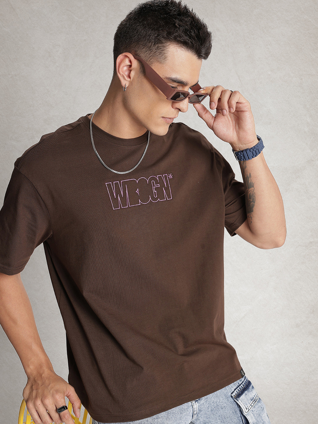 

WROGN Pure Cotton Brand Logo Embroidered Drop-Shoulder Sleeves Oversized T-shirt, Coffee brown