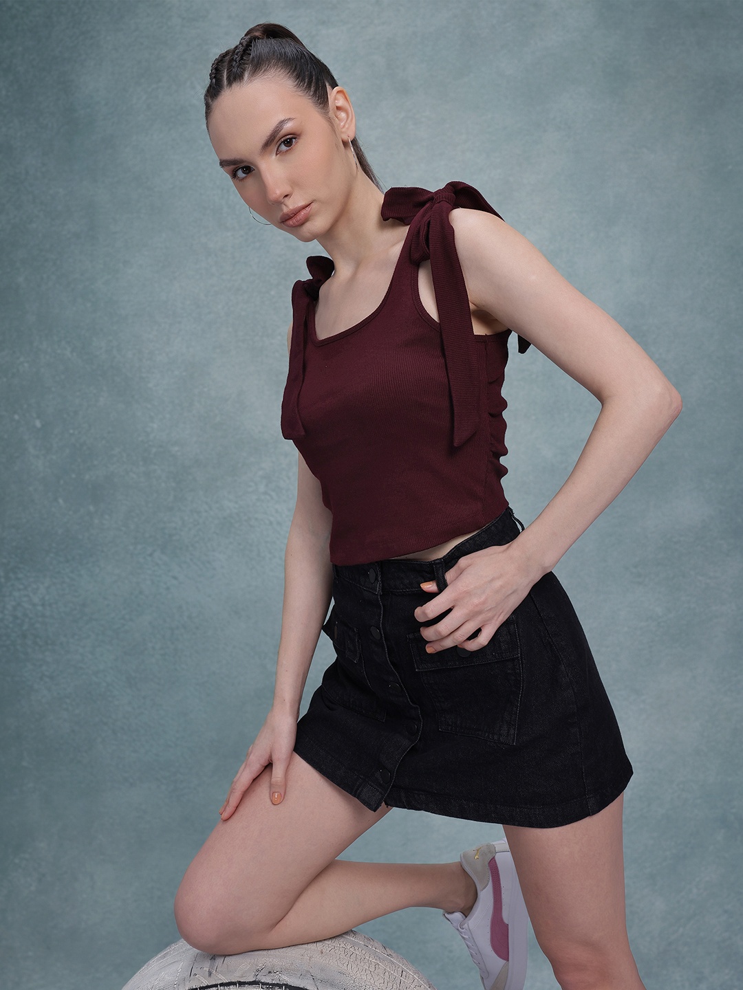 

The Roadster Life Co. Shoulder Strap Ribbed Top With Tie-Up Detail, Brown