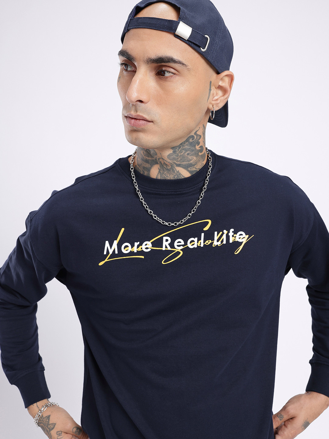 

glitchez Living The Reality Printed Cotton Terry Relaxed Fit Sweatshirt, Navy blue