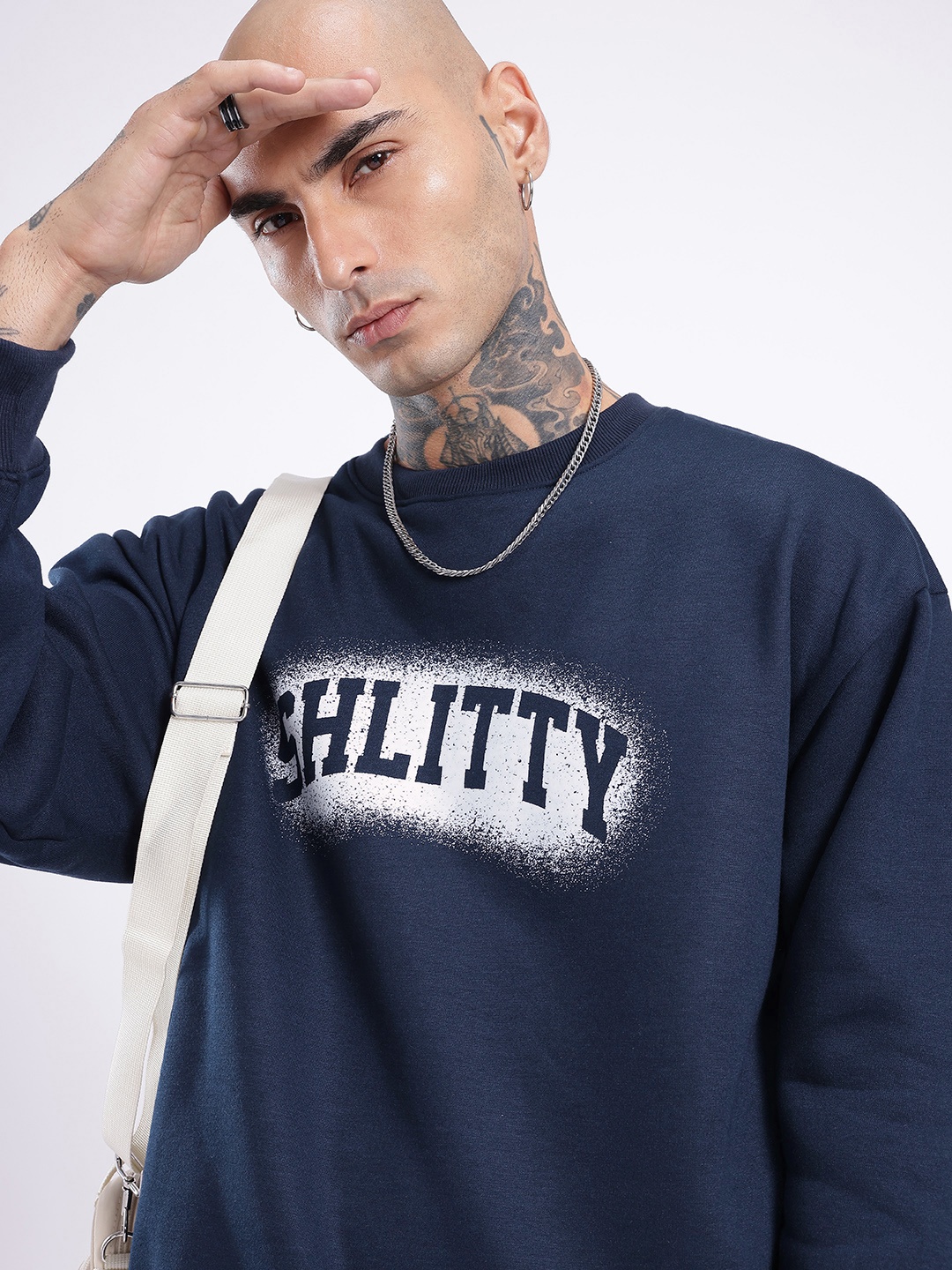 

glitchez Urban Cool Typography Printed Oversized Fit Sweatshirt, Navy blue