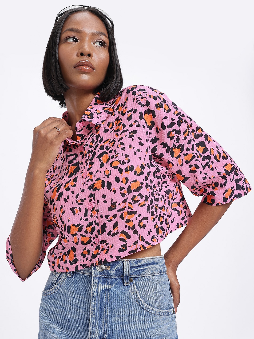 

glitchez Statement Animal Print Boxy Shirt, Pink