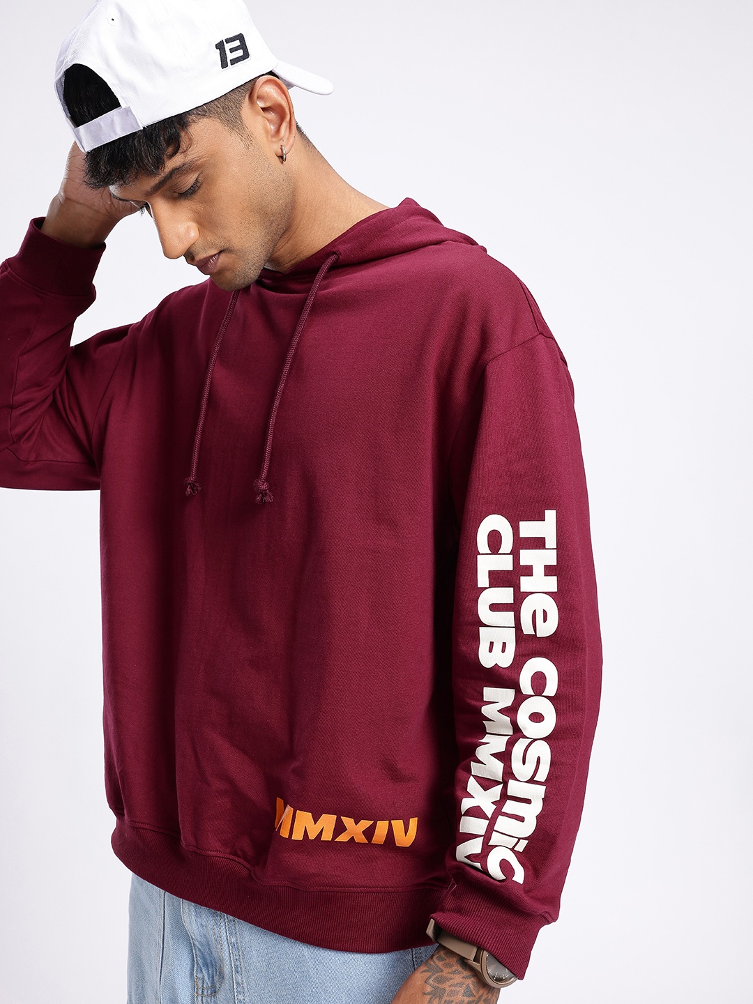 

glitchez Streetwear Seoulmate Printed Cotton Terry Relaxed Fit Hooded Pullover Sweatshirt, Maroon