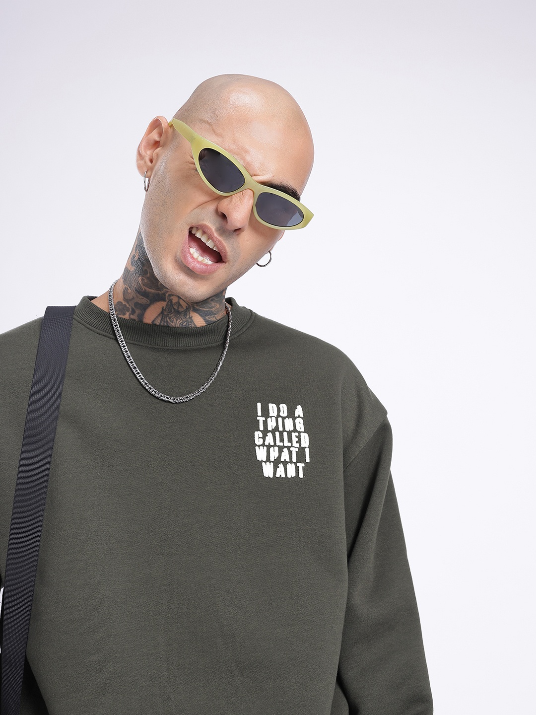 

glitchez Modern Cool Minimal Printed Oversized Fit Sweatshirt, Olive