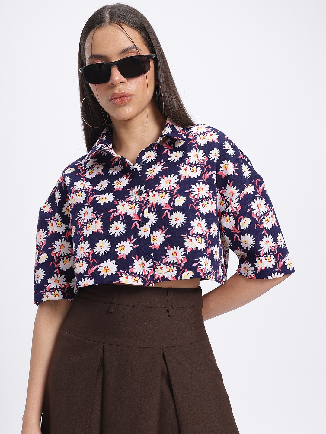 

glitchez Eternal Blossom Boxy Cropped T-Shirt, Navy blue