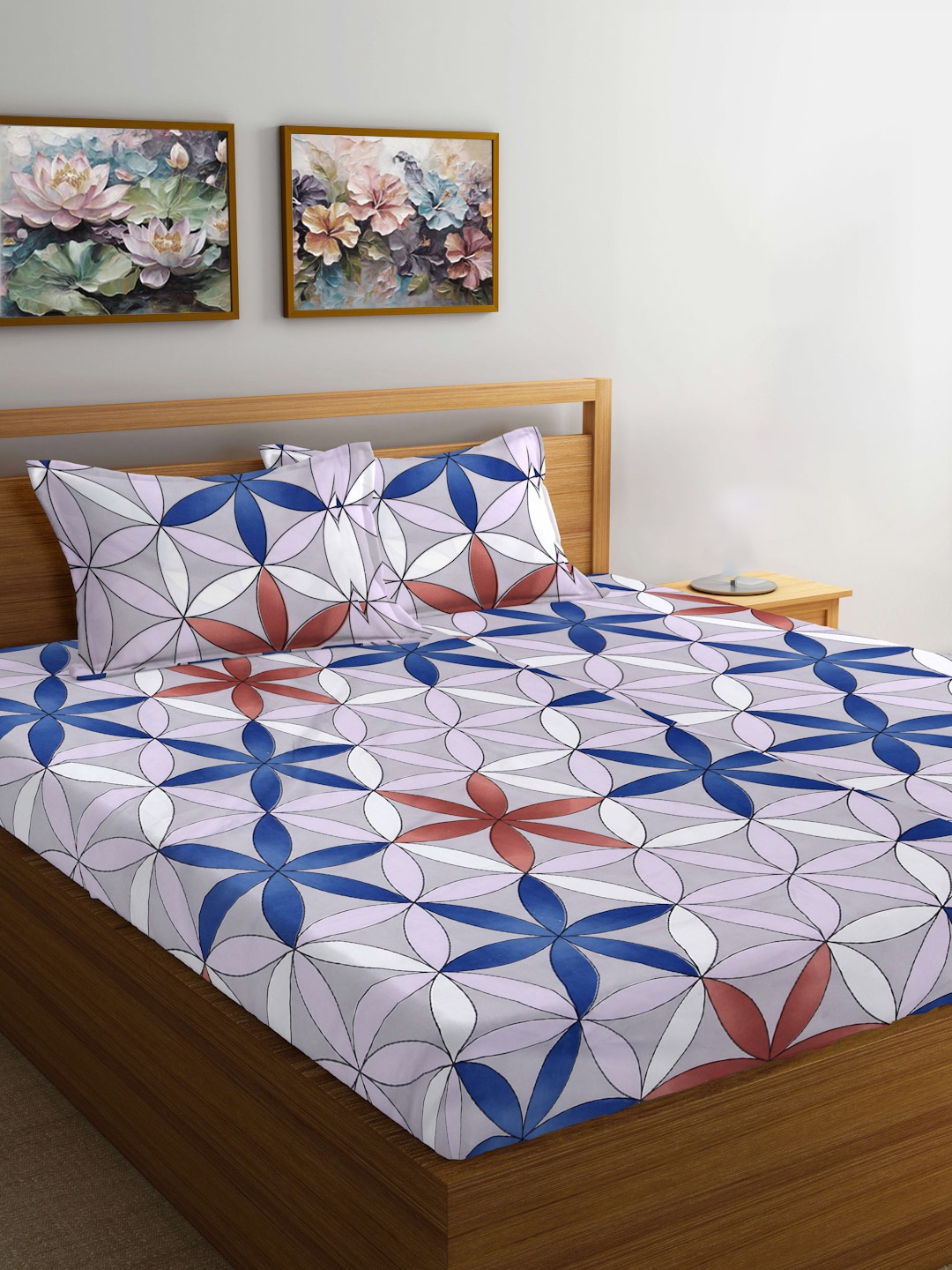 

FABINALIV Blue & Purple Floral 300 TC King Bedsheet 2.50 m x 2.25 m