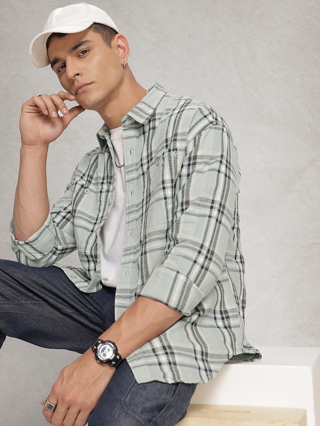 

WROGN Oversized Fit Opaque Checked Pure Cotton Casual Shirt, Blue