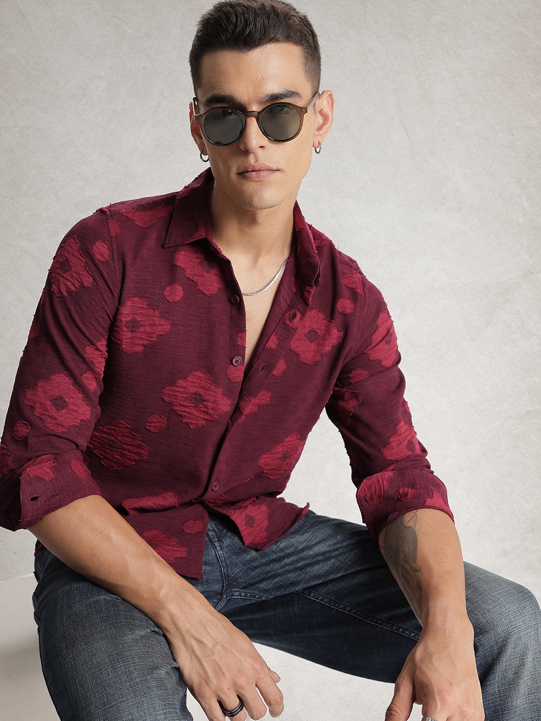 

WROGN Self Designed Casual Shirt, Maroon