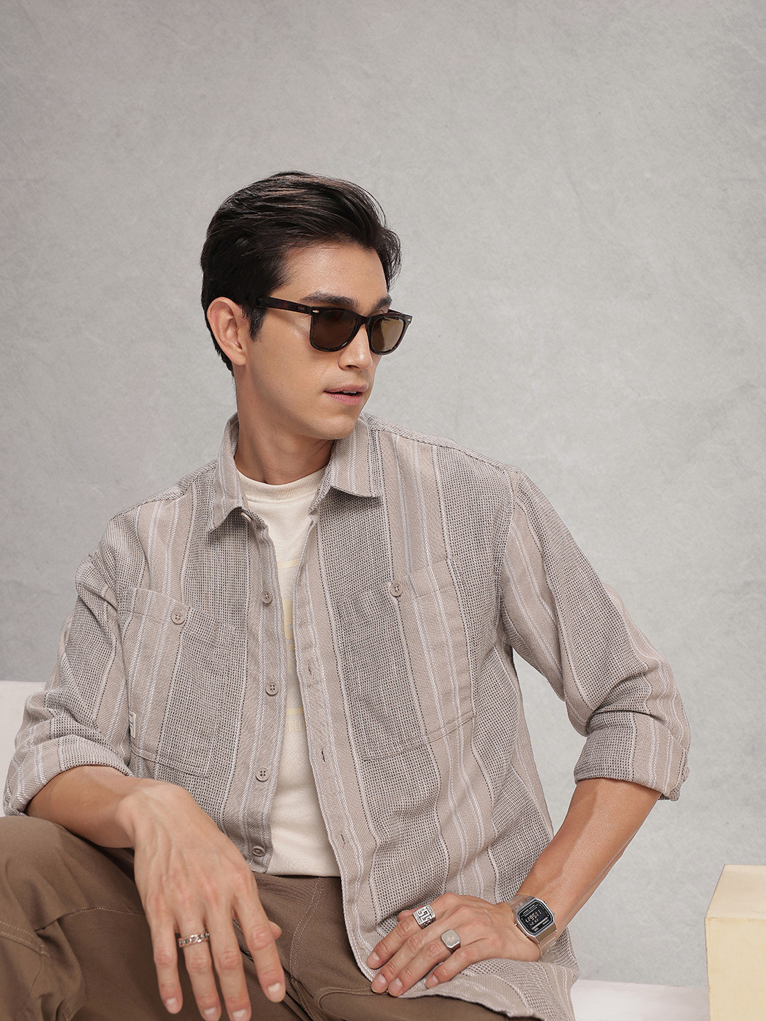 

WROGN Drop-Shoulder Sleeves Oversized Striped Knitted Casual Shirt, Taupe