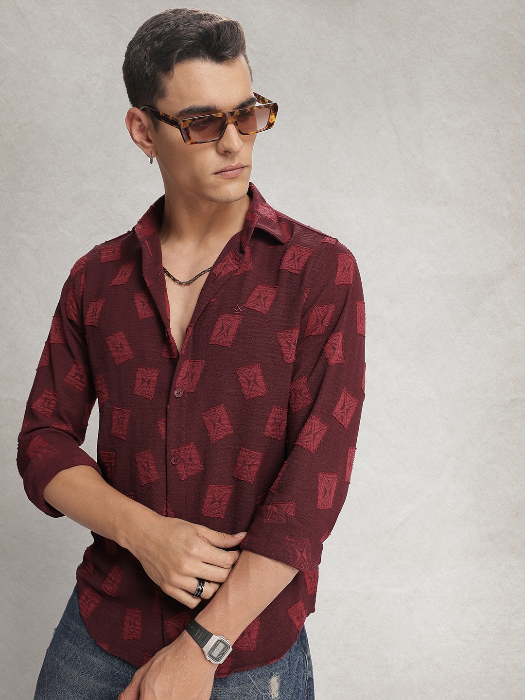 

WROGN Opaque Self Design Casual Shirt, Maroon