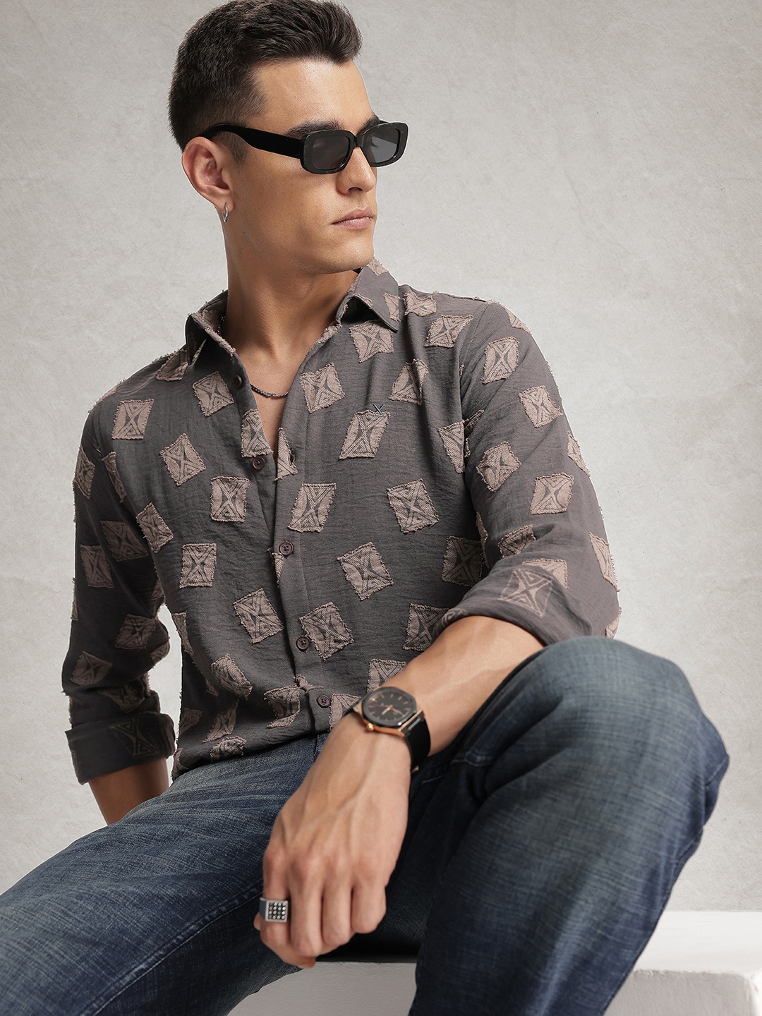 

WROGN Self Designed Casual Shirt, Grey
