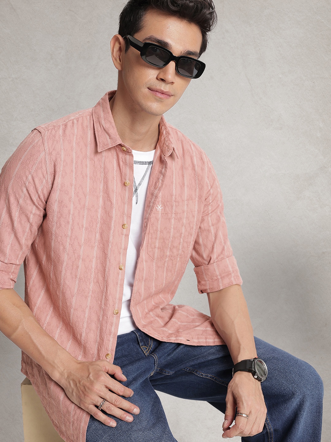 

WROGN Vertical Stripes Casual Shirt, Rose