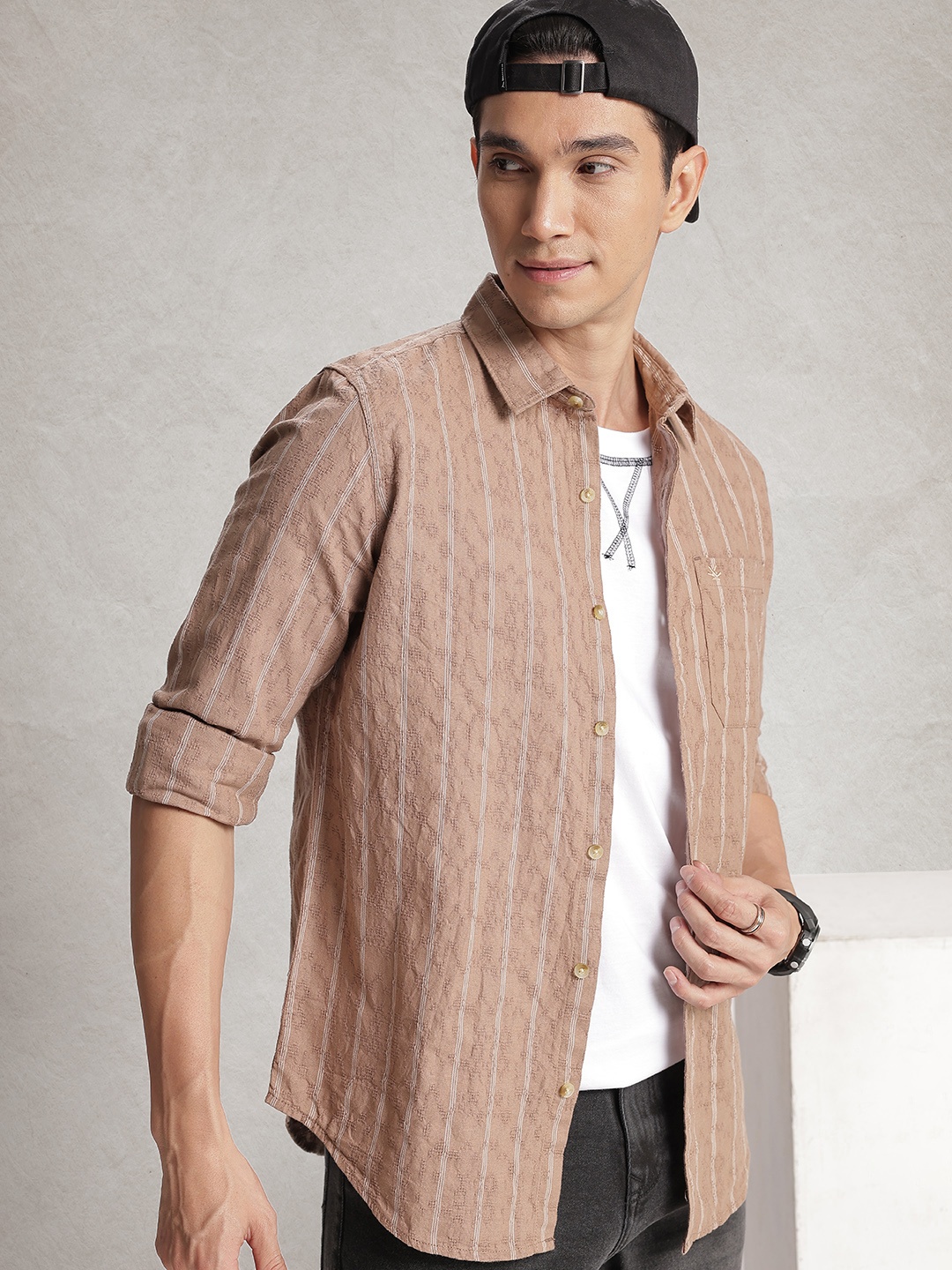 

WROGN Vertical Stripes Casual Shirt, Taupe