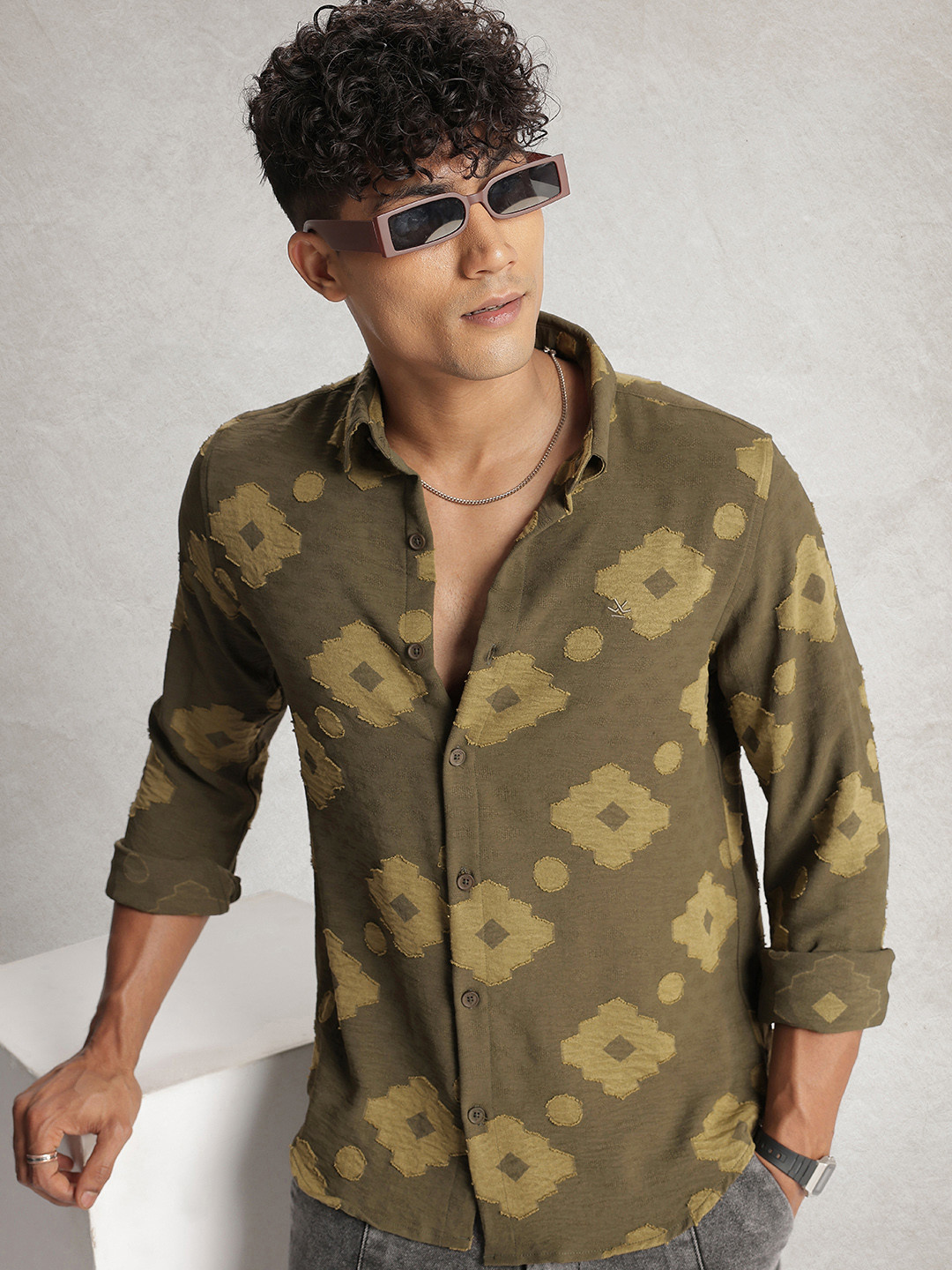

WROGN Self Designed Casual Shirt, Green