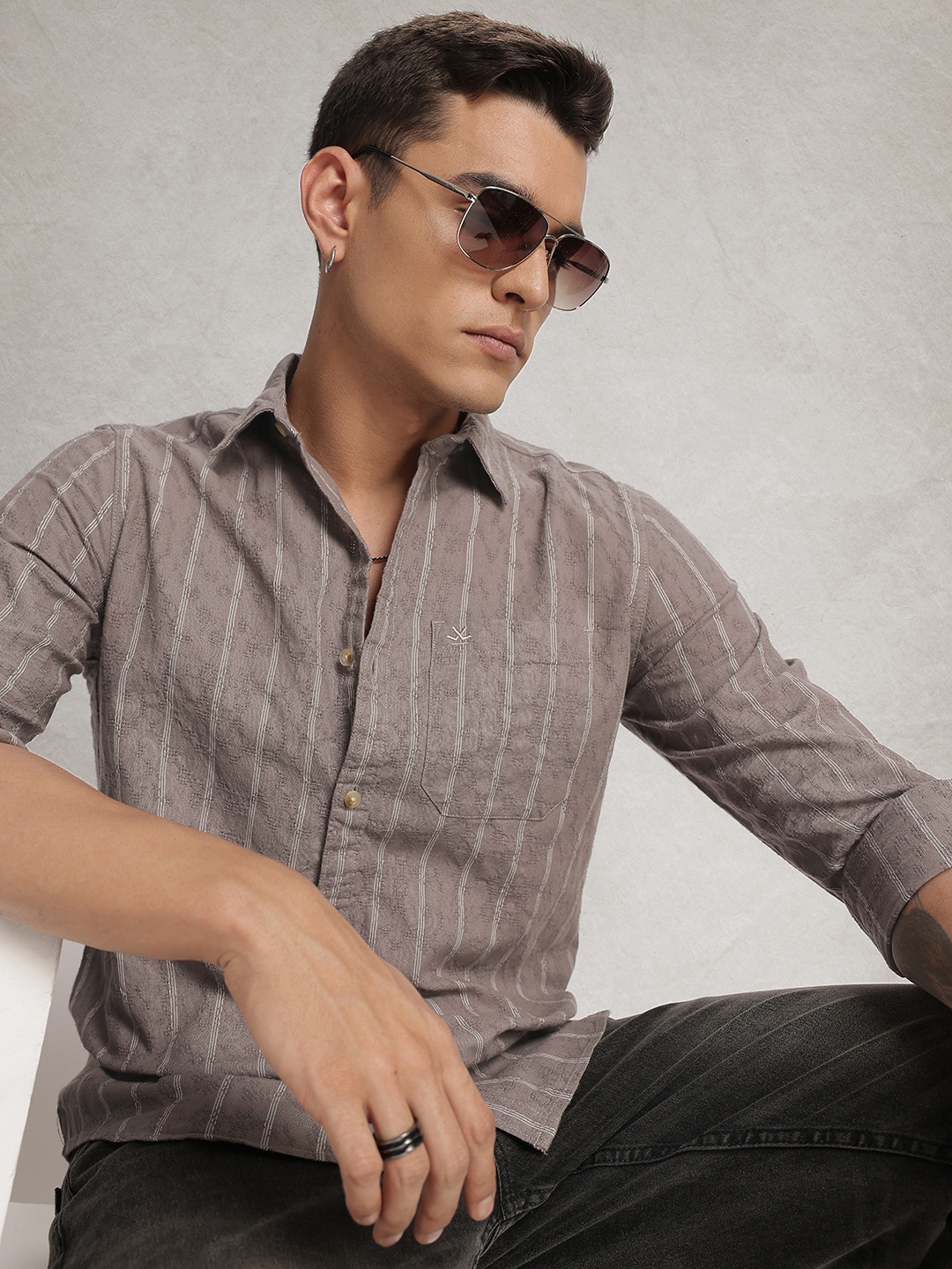 

WROGN Opaque Striped Casual Shirt, Grey