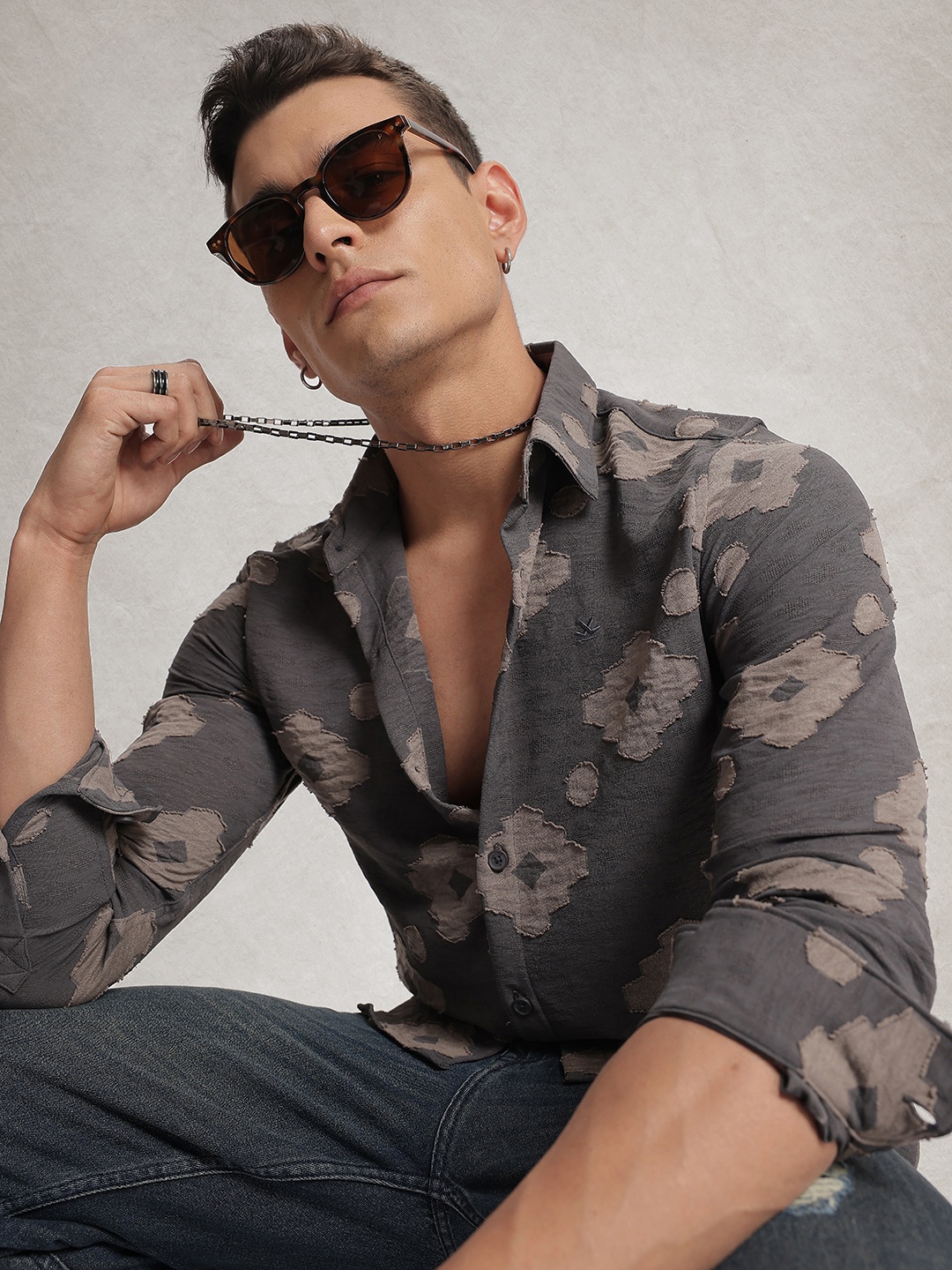 

WROGN Opaque Self Design Casual Shirt, Grey