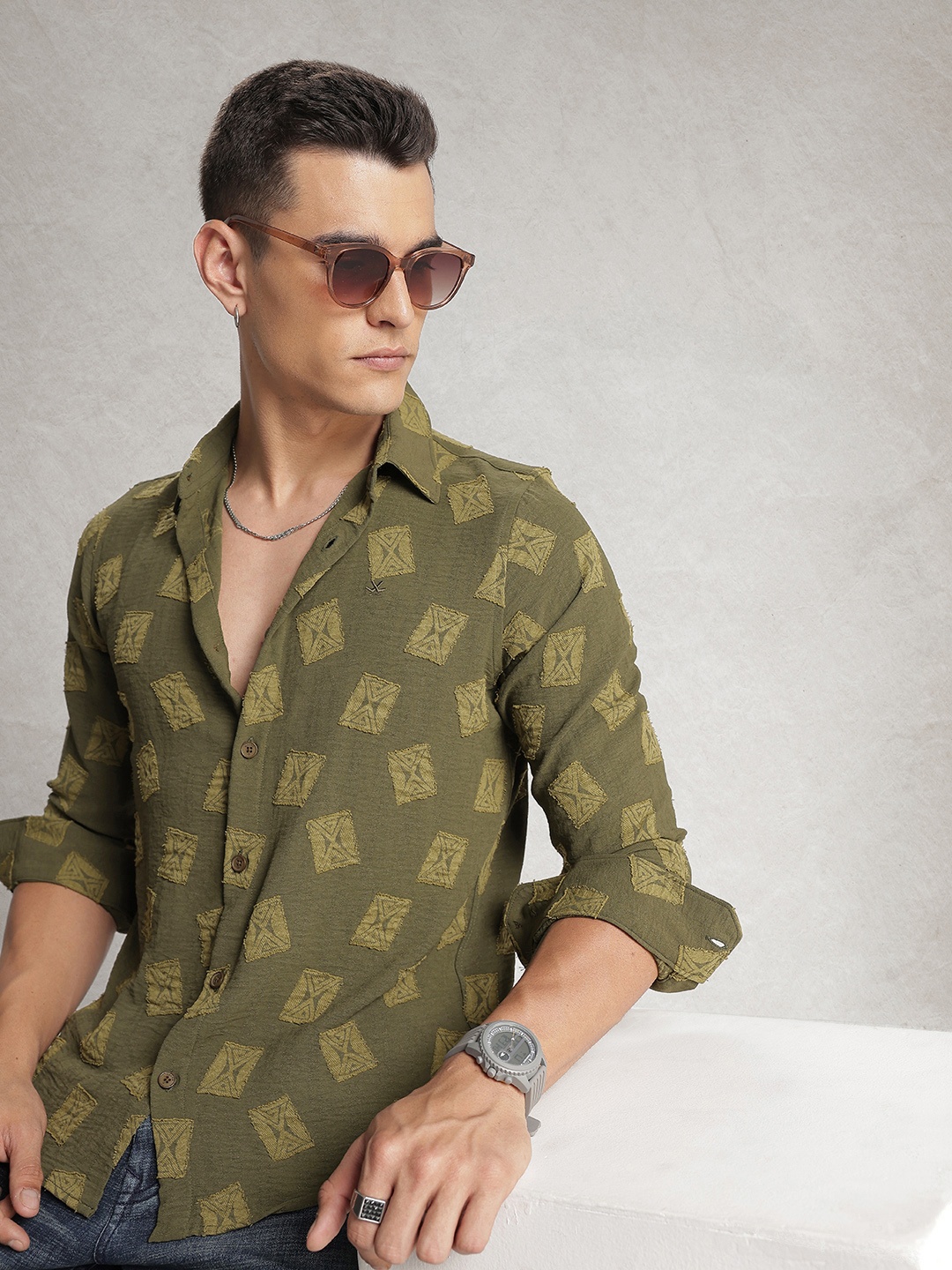 

WROGN Self Designed Casual Shirt, Green