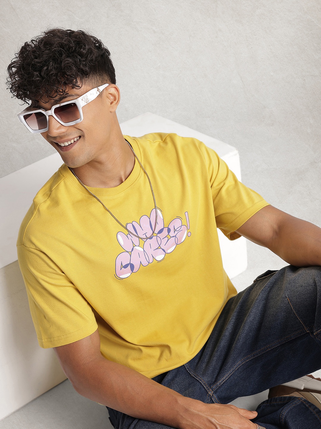 

WROGN Pure Cotton Typography Printed Drop-Shoulder Sleeves Oversized T-shirt, Mustard