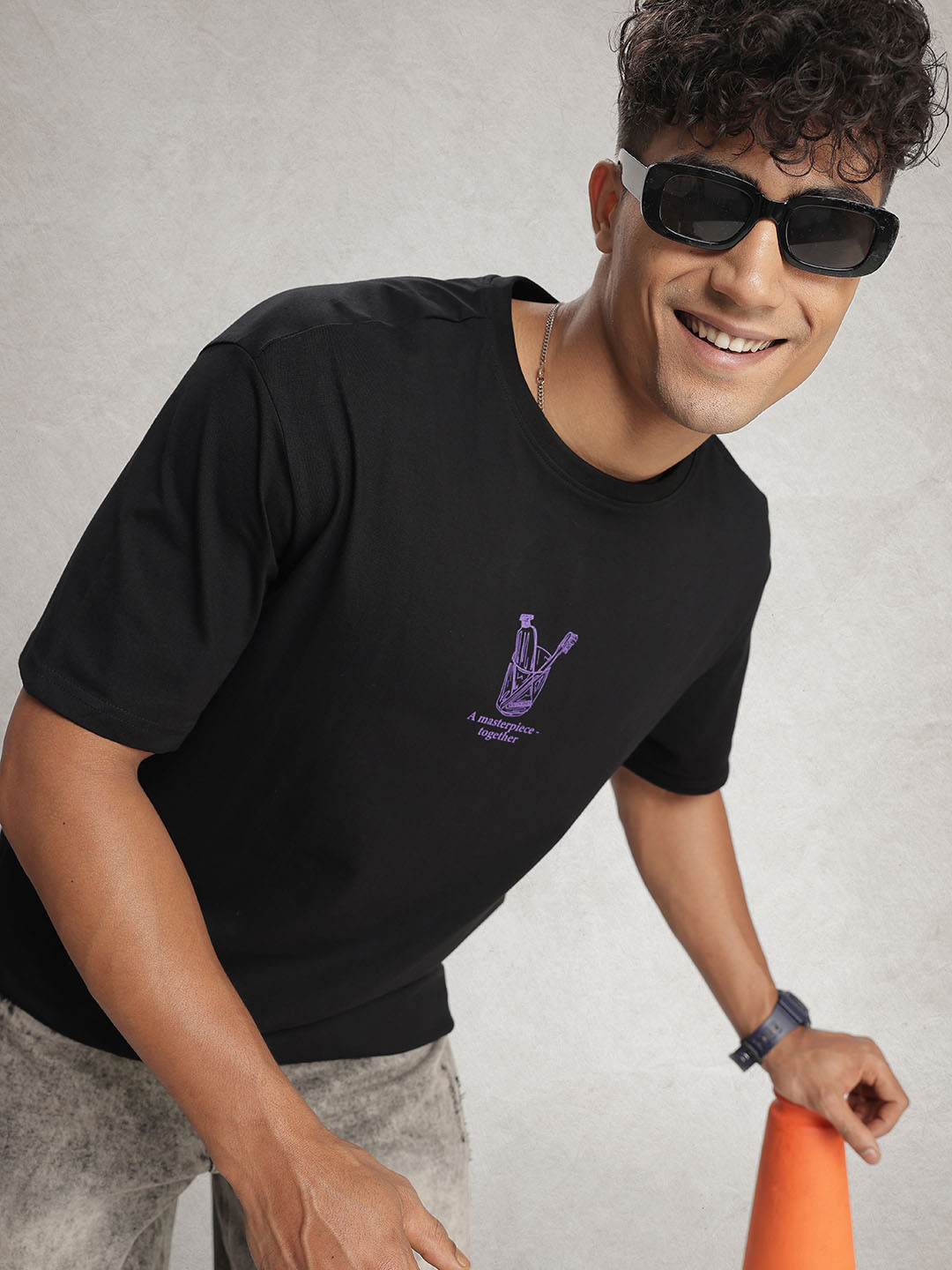 

WROGN Drop-Shoulder Sleeves Pure Cotton Oversized T-shirt, Black