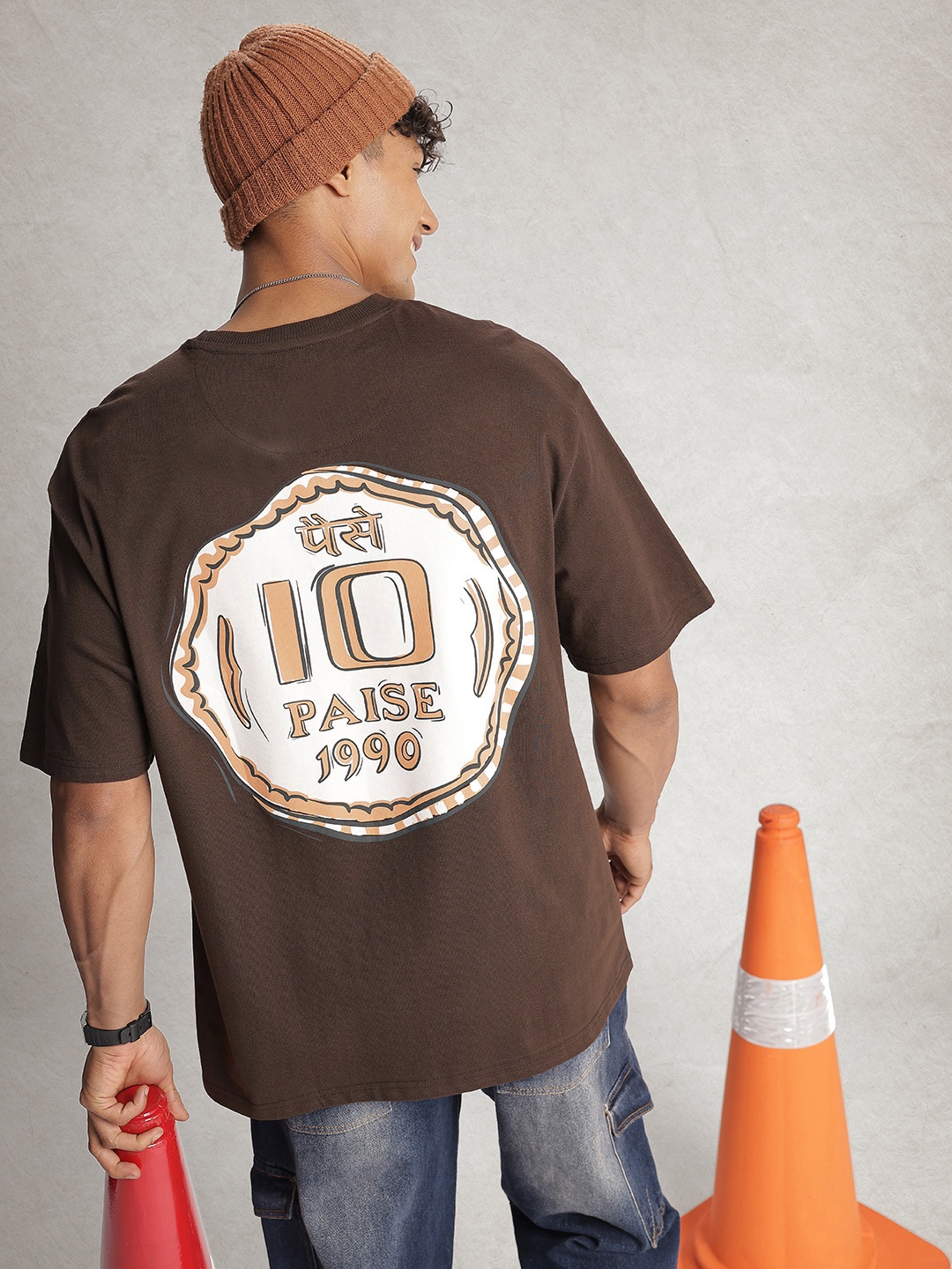 

WROGN Pure Cotton Typography Printed Drop-Shoulder Sleeves Oversized T-shirt, Coffee brown