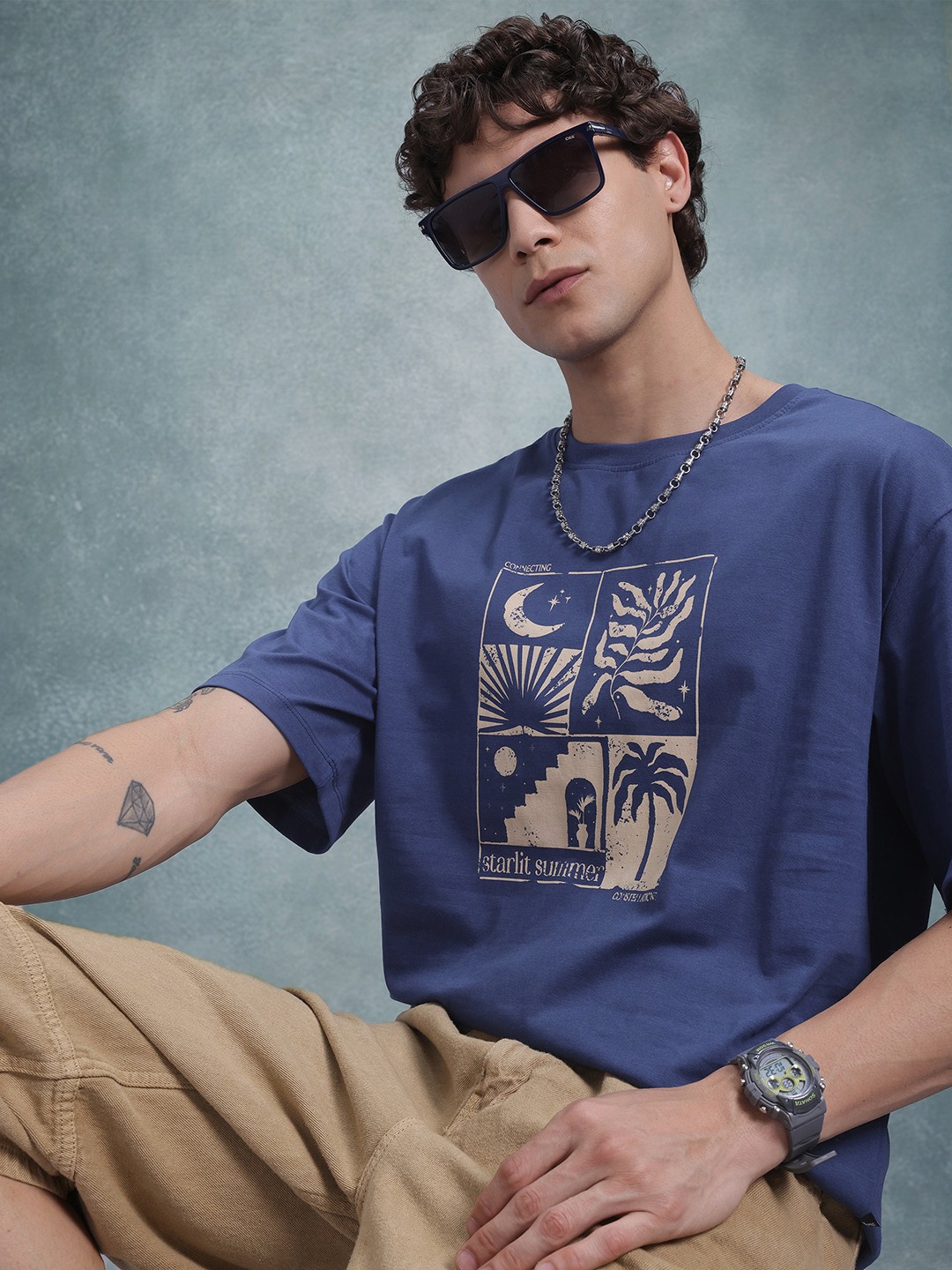 

The Roadster Life Co. Conversational Print Drop-Sleeves Pure Cotton Relaxed Fit T-shirt, Blue