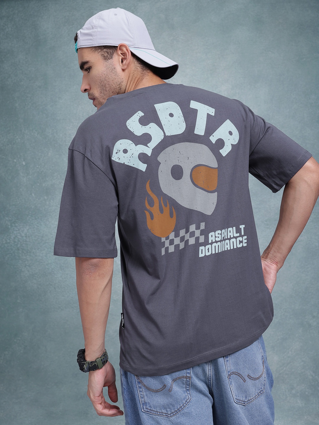 

The Roadster Life Co. Typography Print Drop-Shoulder Sleeves Pure Cotton T-shirt, Grey