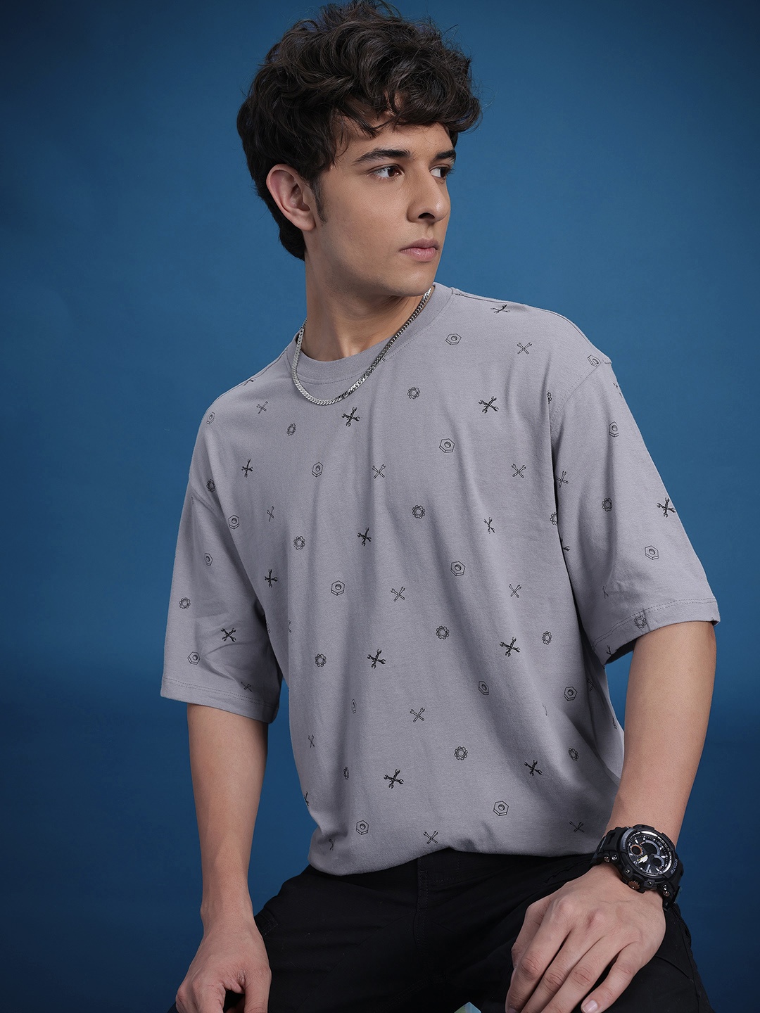 

The Roadster Life Co. Printed Relaxed Pure Cotton T-shirt, Grey