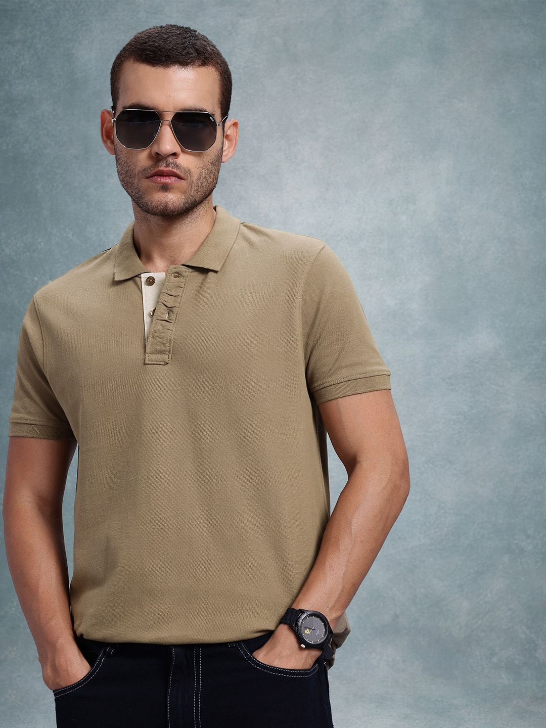 

The Roadster Life Co. Men Polo Collar Pure Cotton T-shirt, Olive
