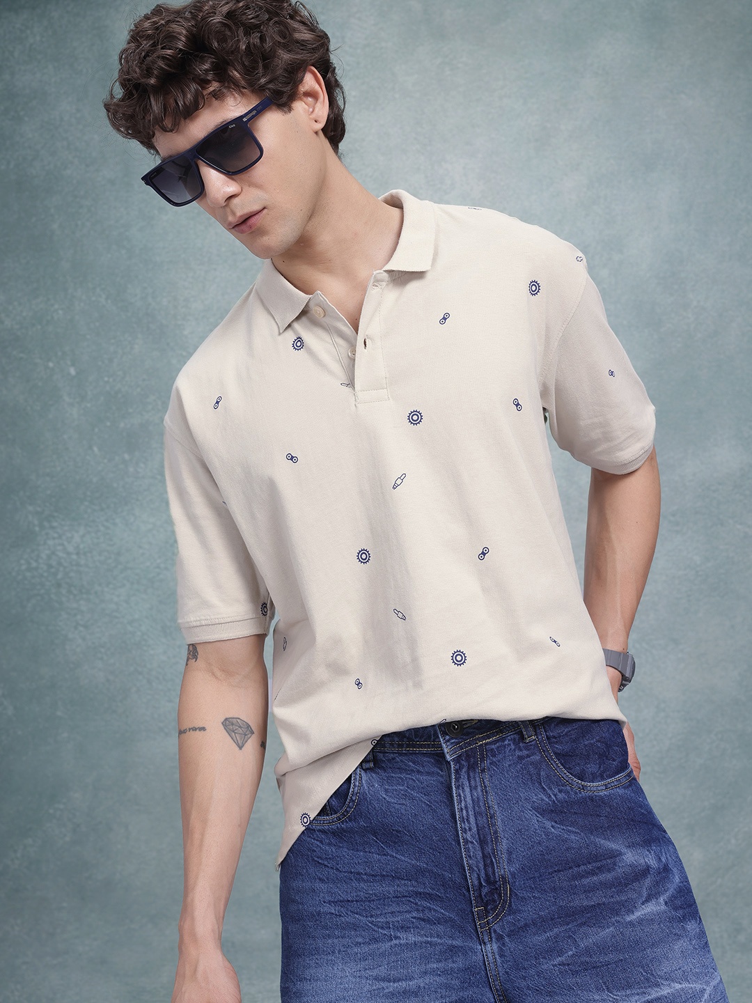 

The Roadster Life Co. Conversational Print Pure Cotton Polo Collar T-shirt, Beige