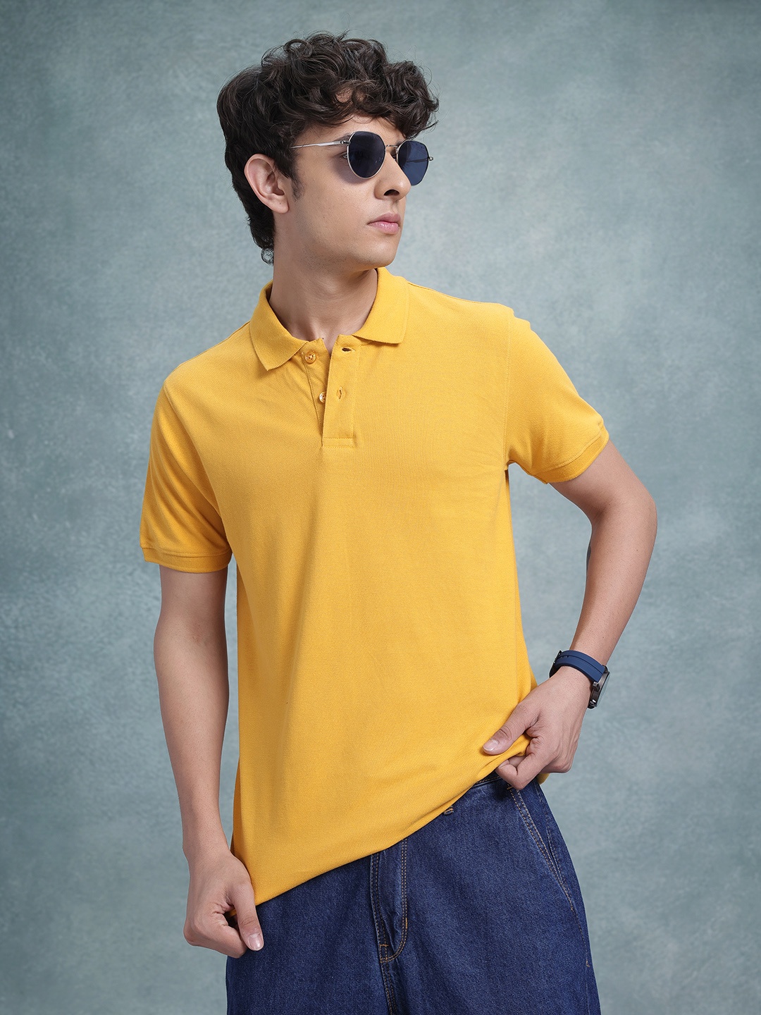 

The Roadster Life Co. Solid Pure Cotton Polo T-shirt, Mustard