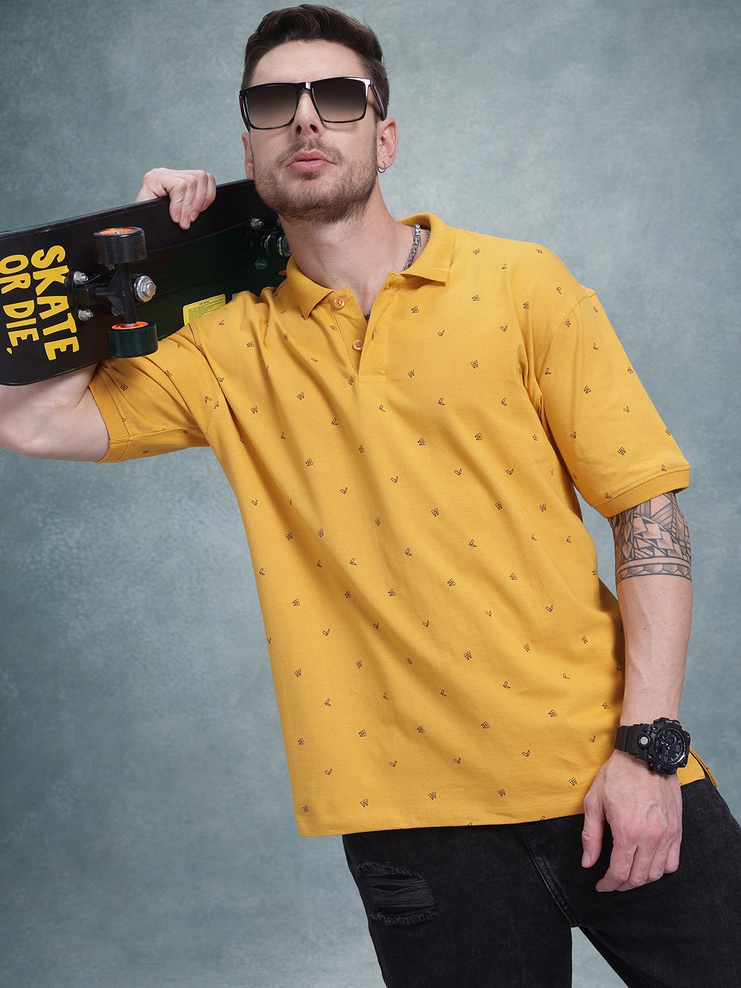 

The Roadster Life Co. Conversational Print Pure Cotton Polo Collar T-shirt, Yellow